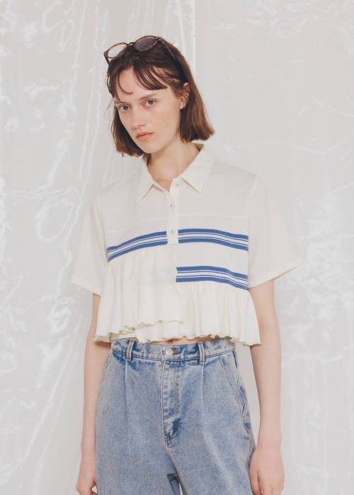 random frill pique cropped polo shirt