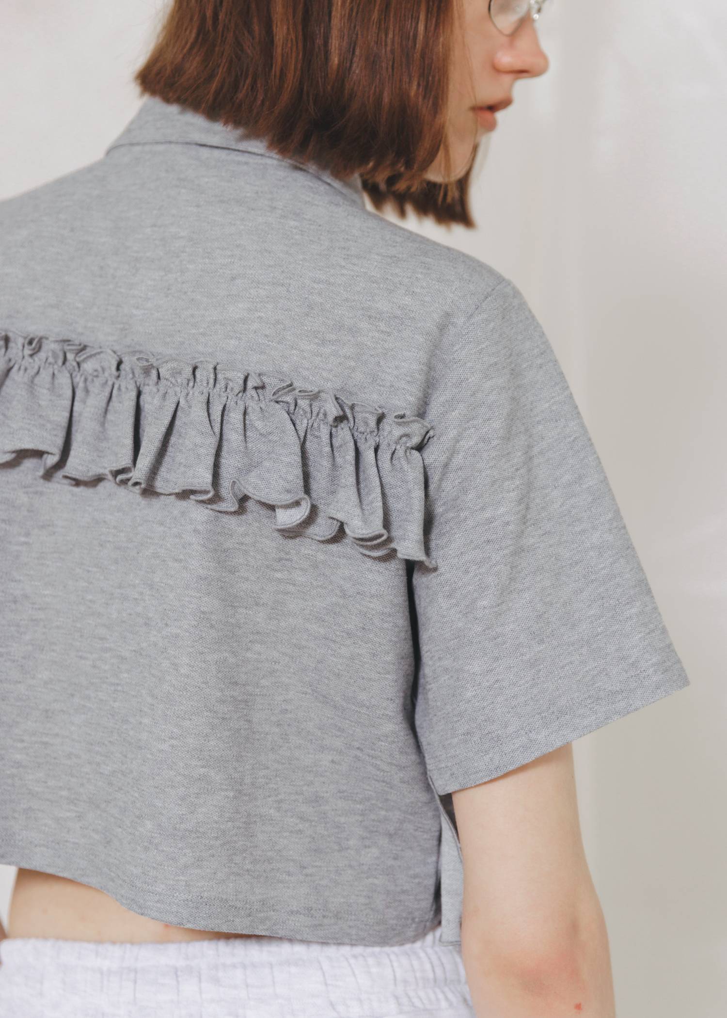random frill pique cropped polo shirt
