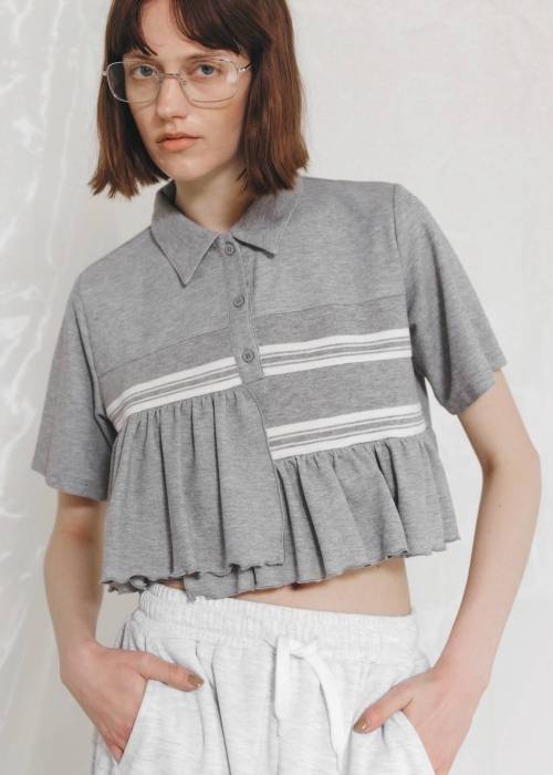 random frill pique cropped polo shirt