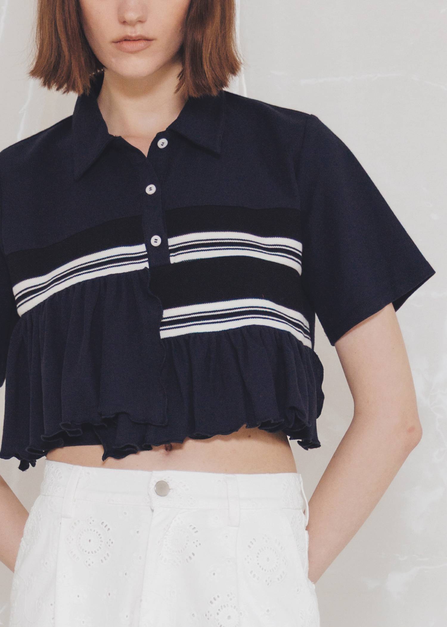 random frill pique cropped polo shirt