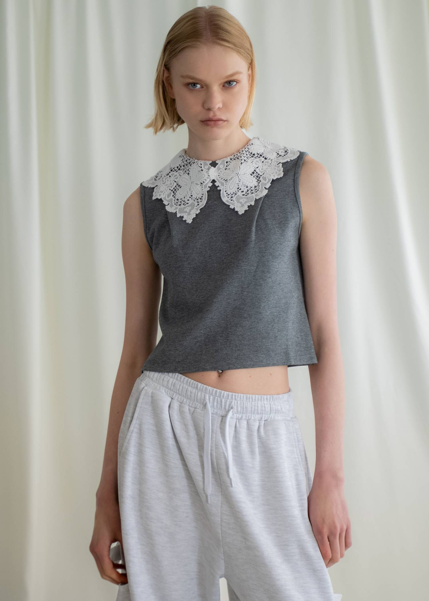 2way detachable lace no sleeve tops