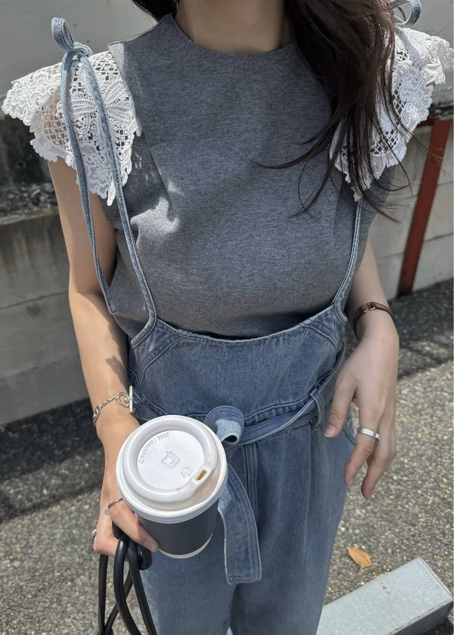 2way detachable lace no sleeve tops