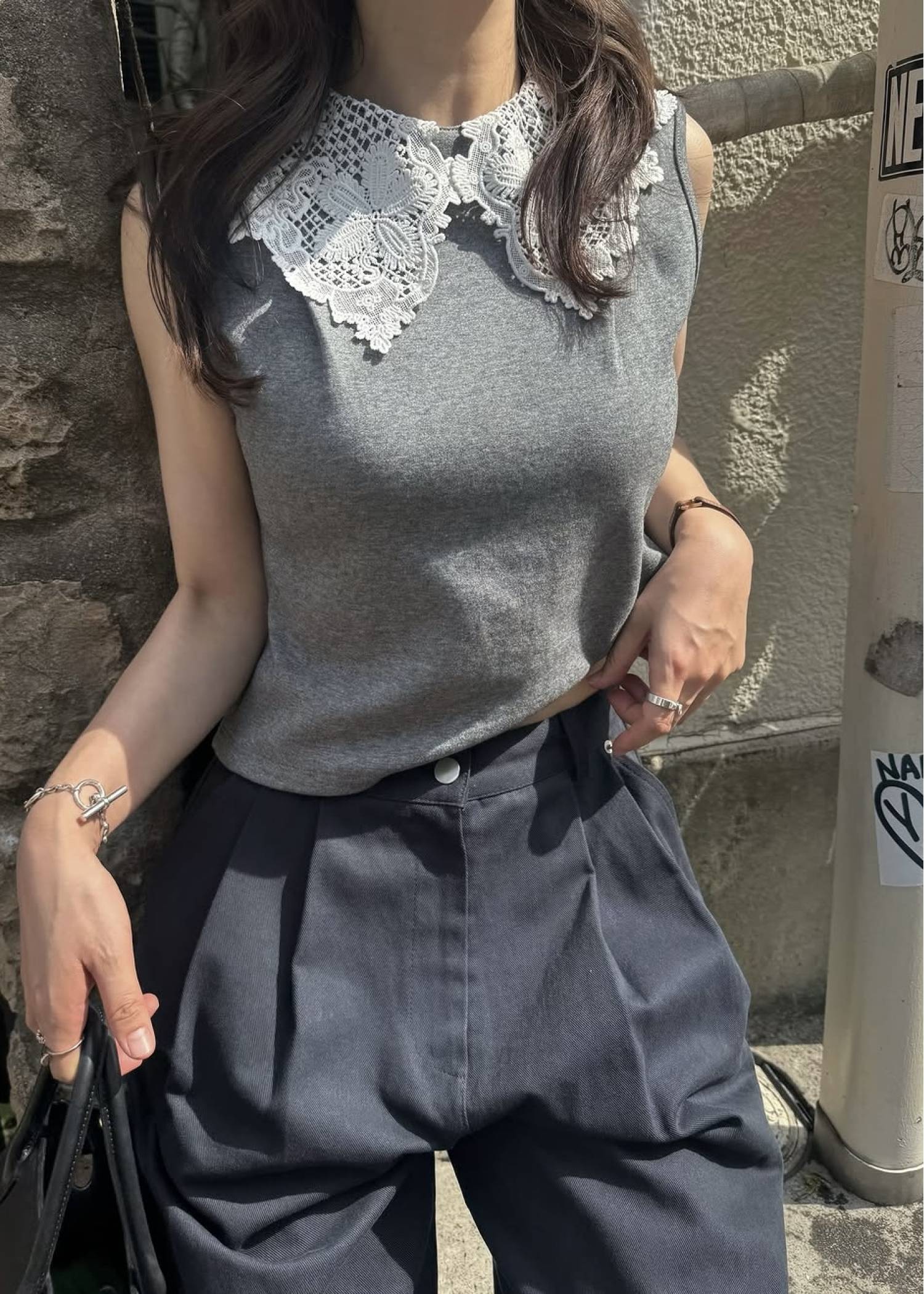2way detachable lace no sleeve tops
