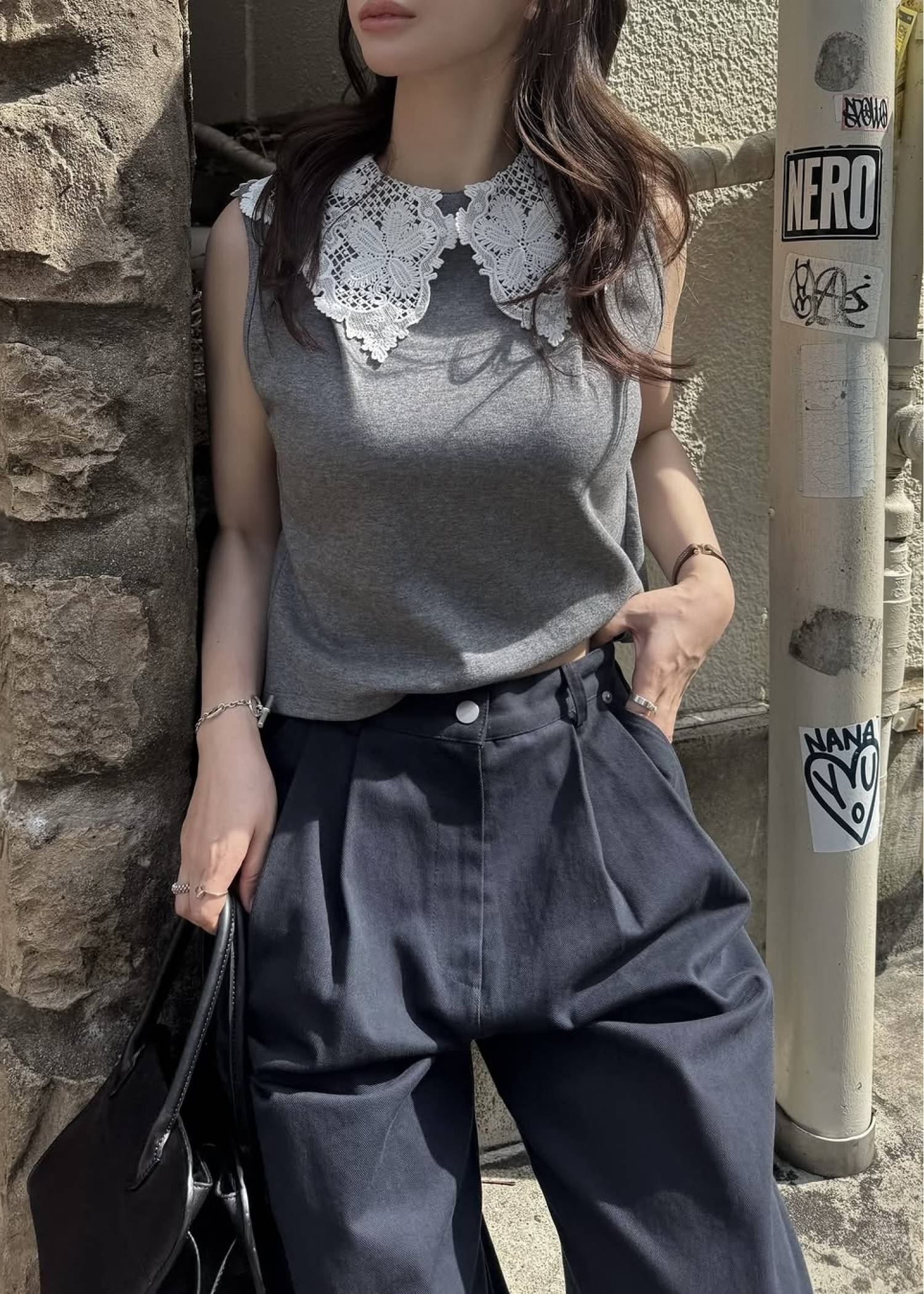 2way detachable lace no sleeve tops
