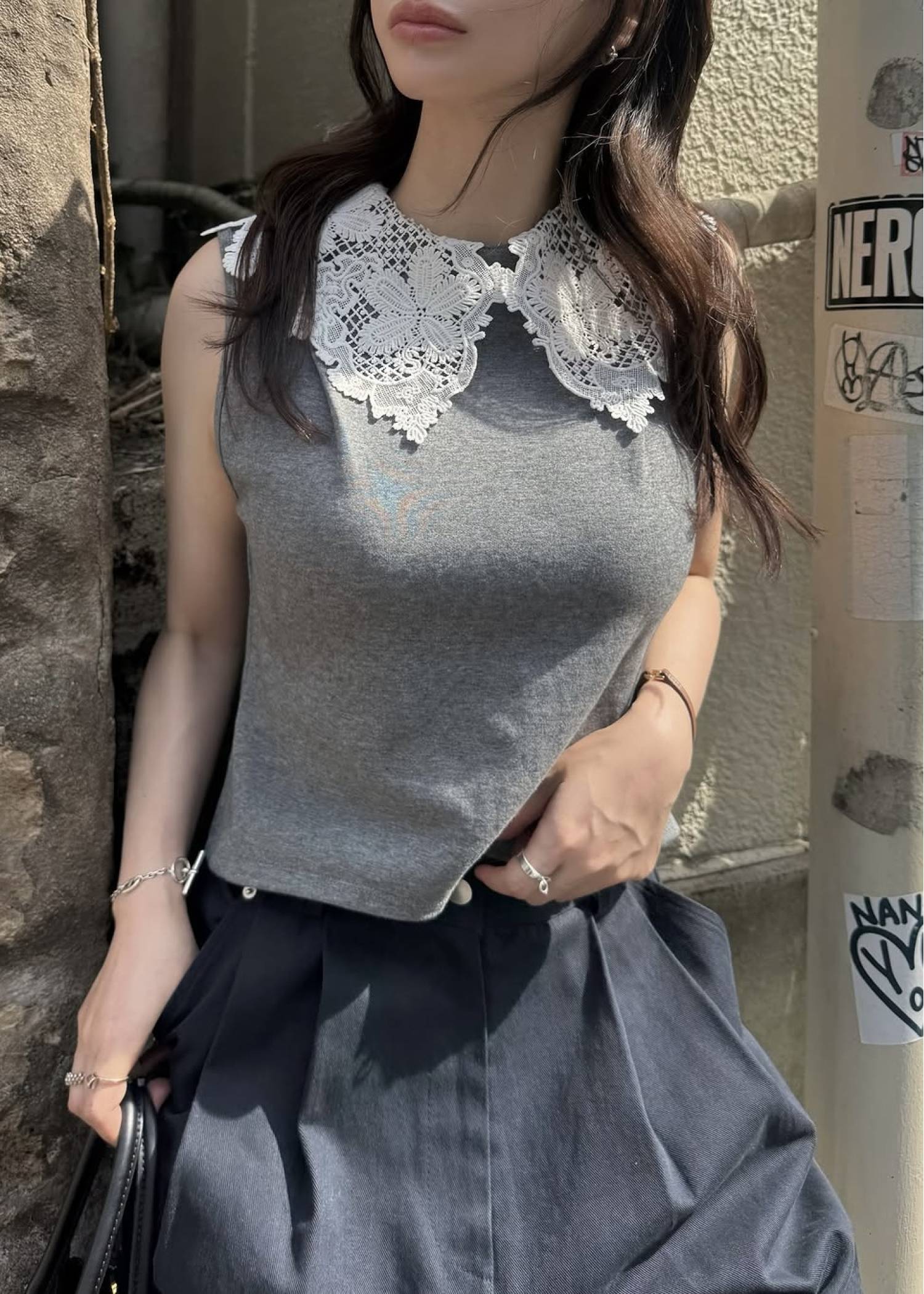 2way detachable lace no sleeve tops