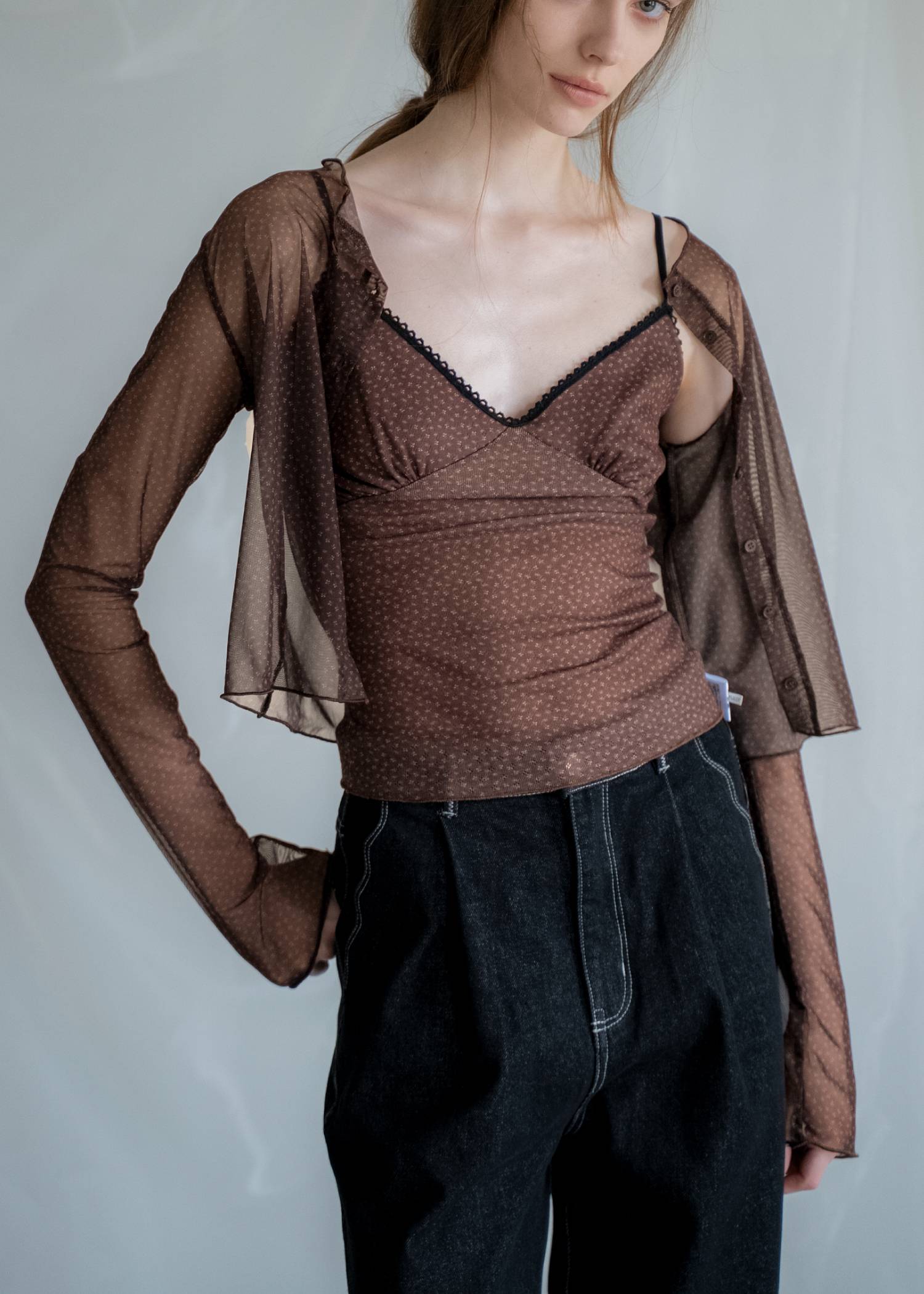 mini flower dot sheer tulle eyelet camisole set