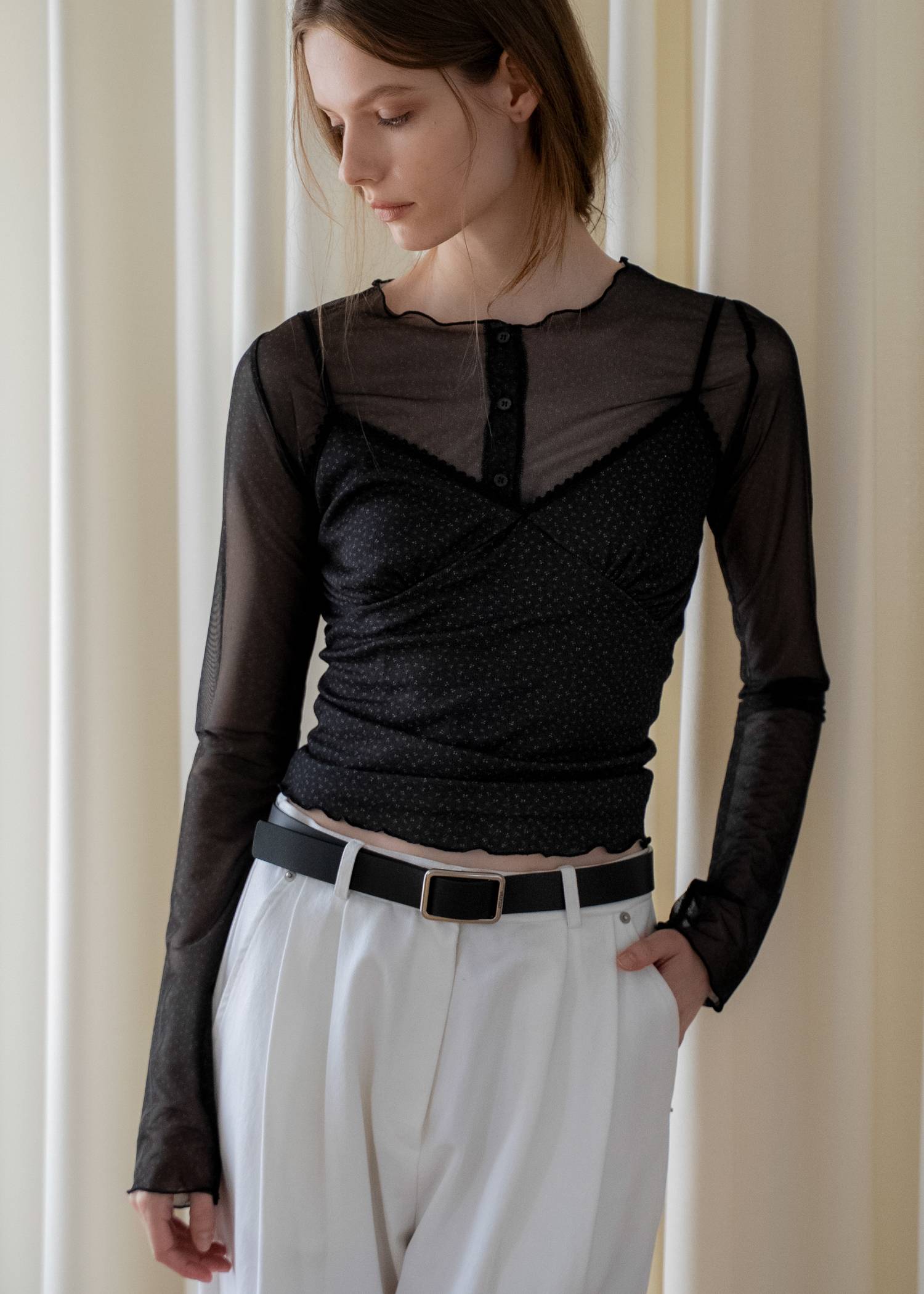 mini flower dot sheer tulle eyelet camisole set