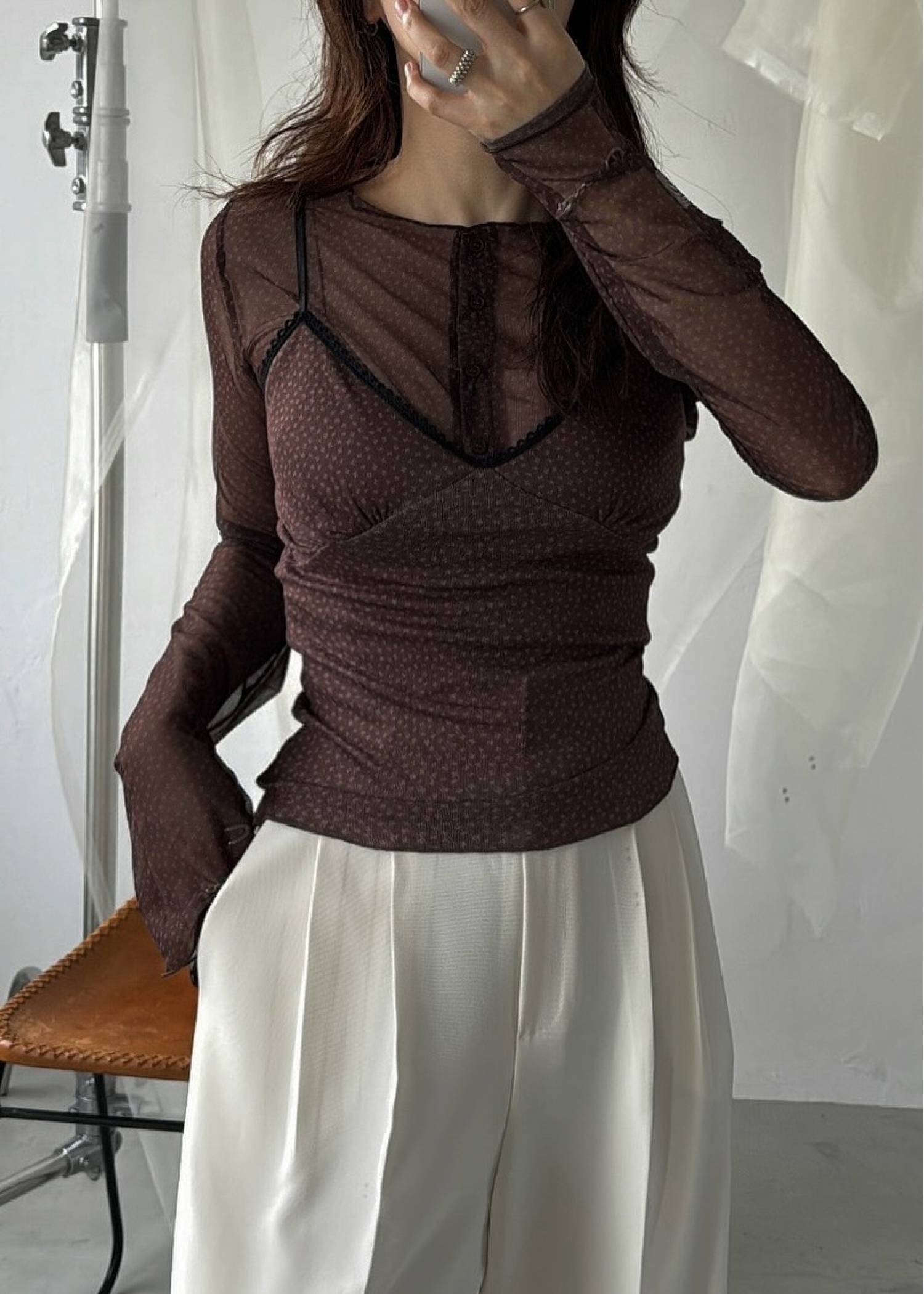 mini flower dot sheer tulle eyelet camisole set