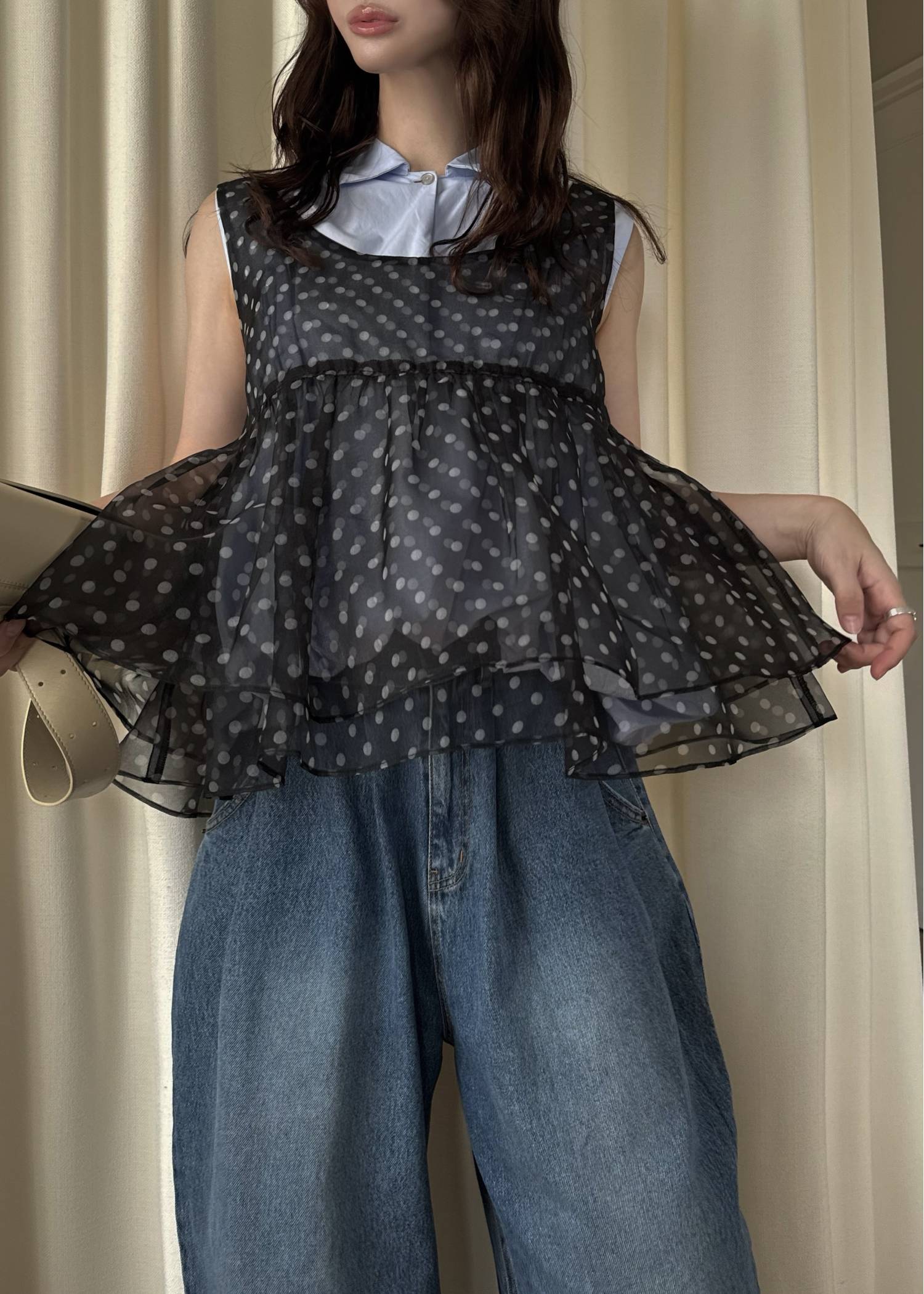 gather flare organdy peplum tops