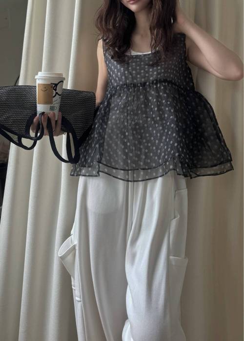 gather flare organdy peplum tops