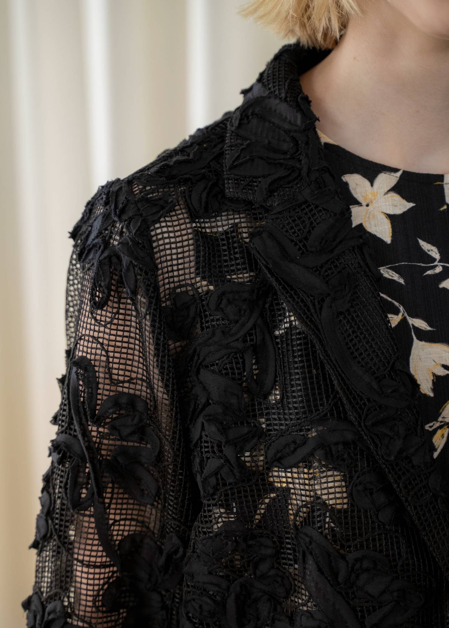 cord embroidery mesh lace shirt JK