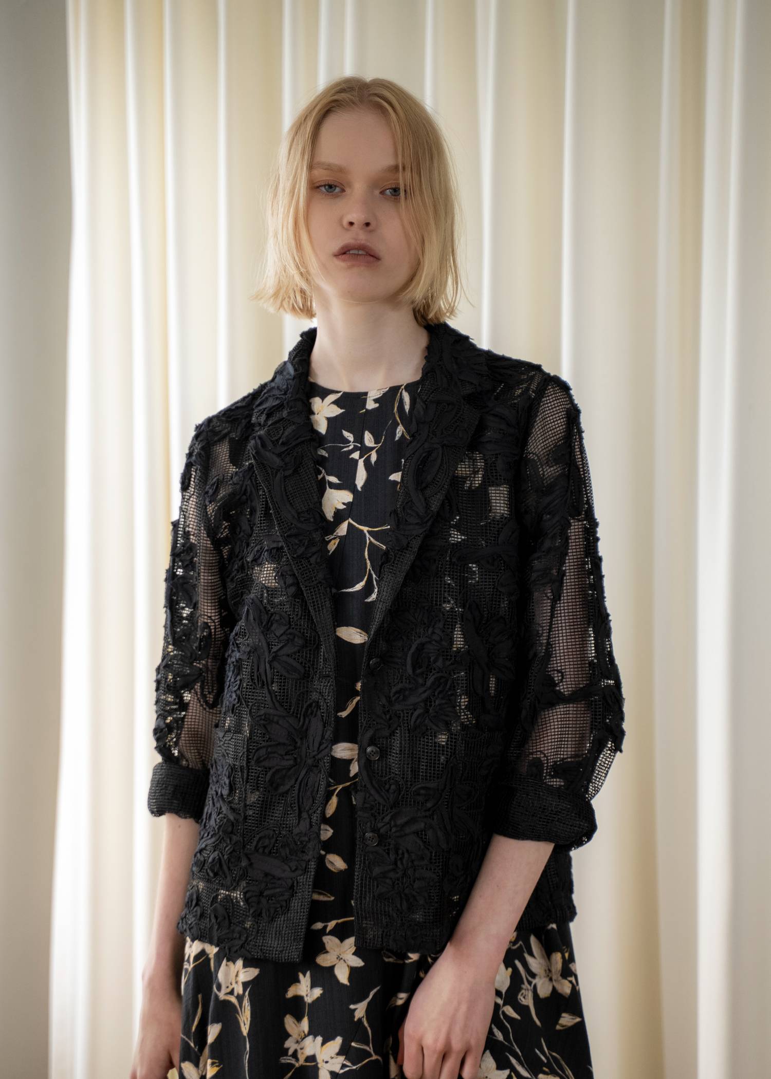 cord embroidery mesh lace shirt JK
