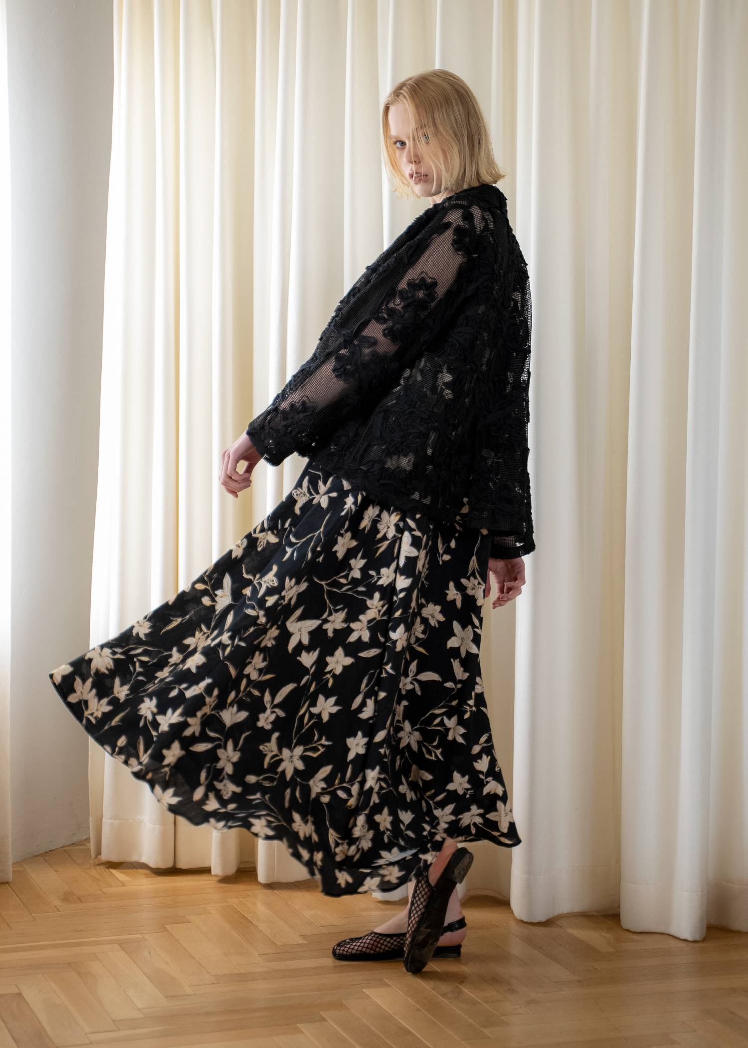 cord embroidery mesh lace shirt JK