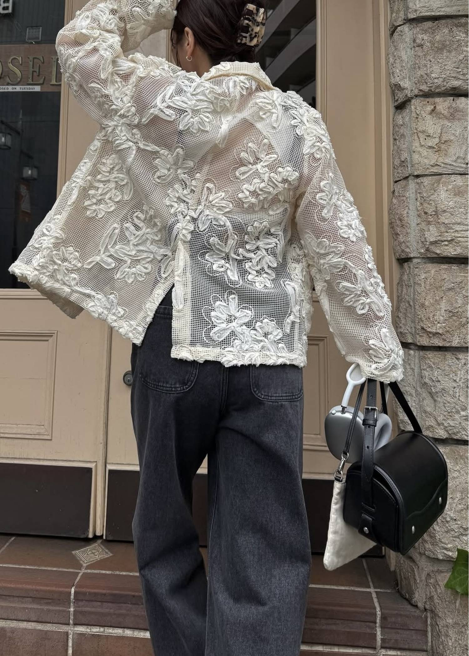 cord embroidery mesh lace shirt JK