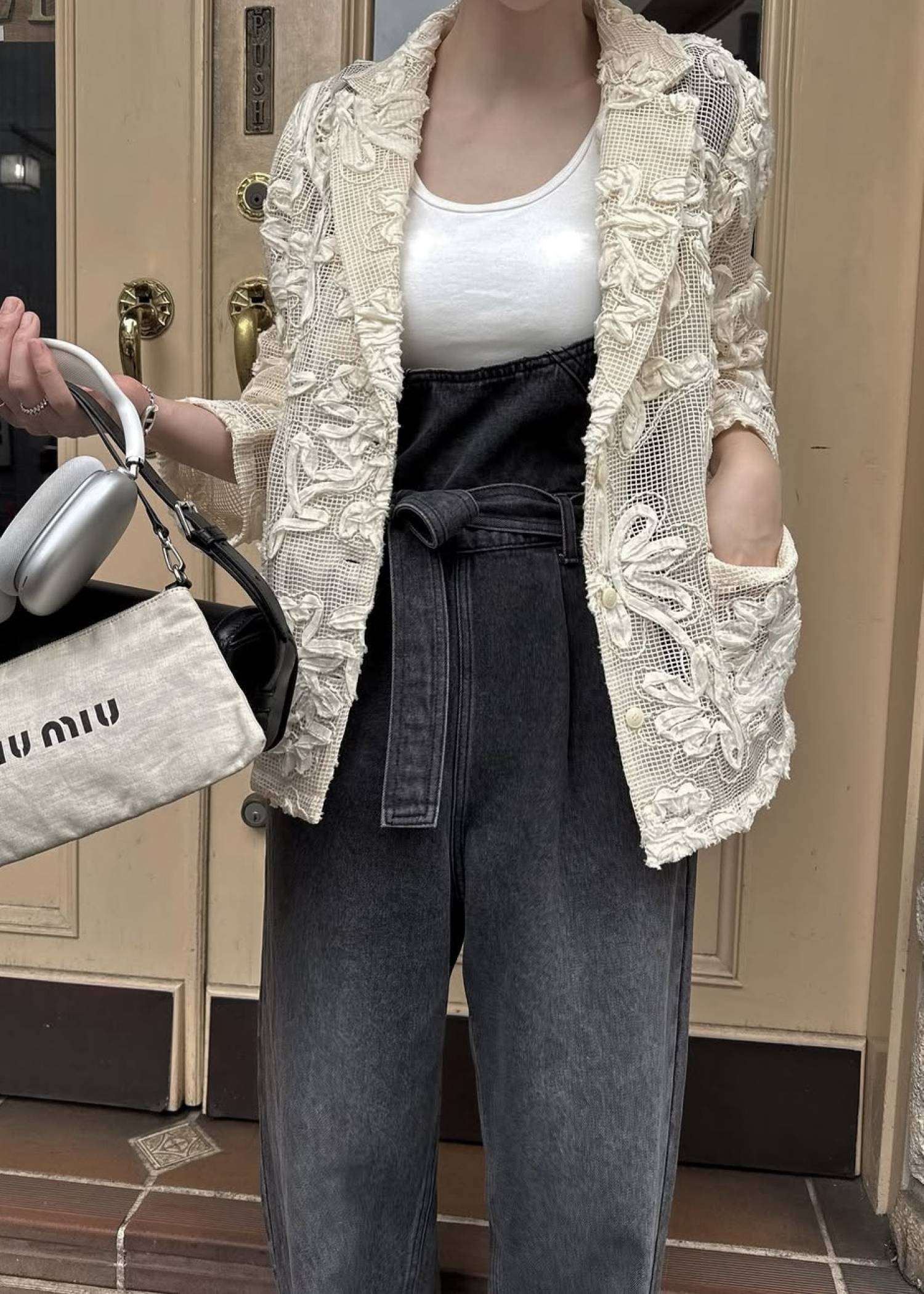 cord embroidery mesh lace shirt JK