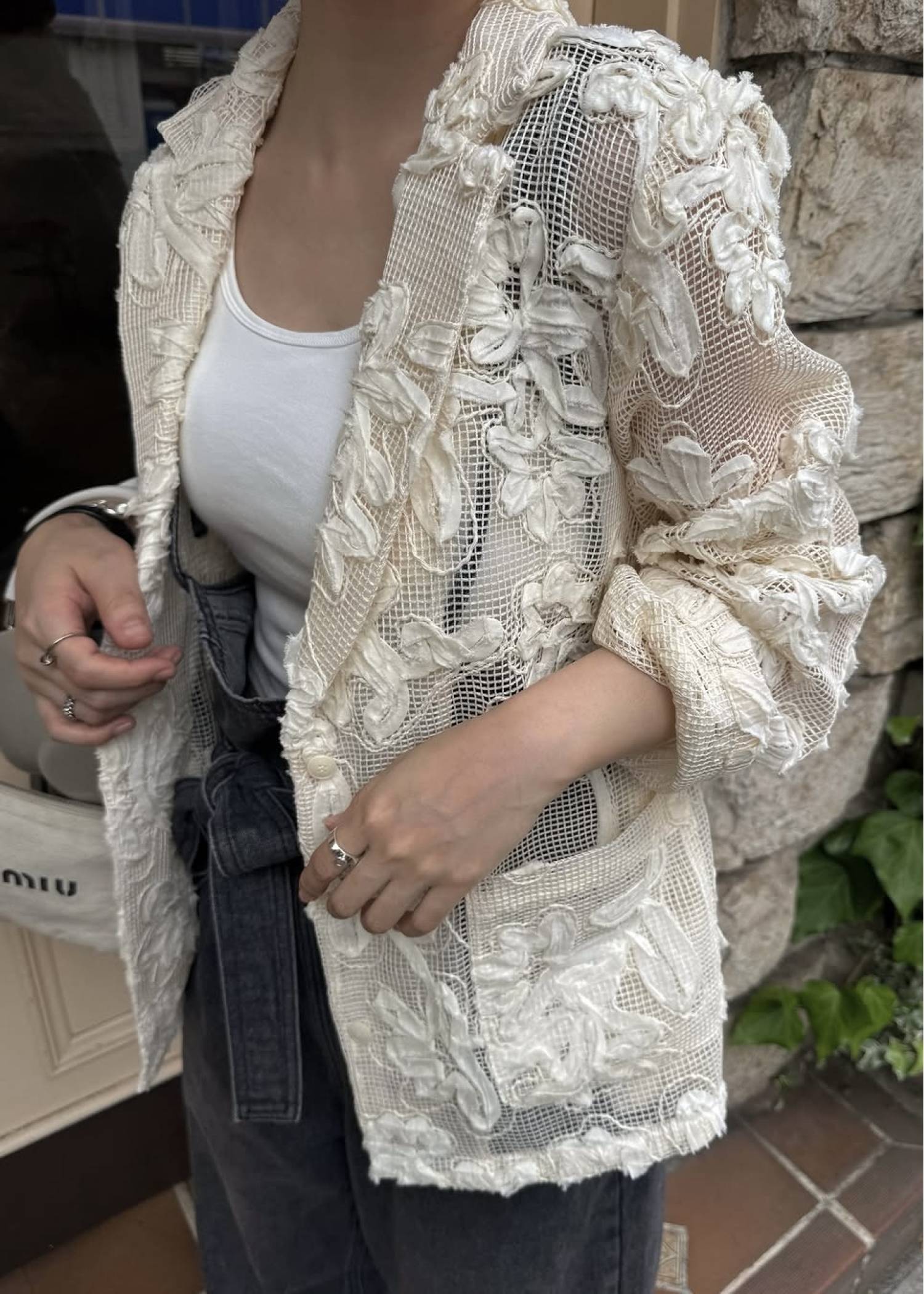 cord embroidery mesh lace shirt JK