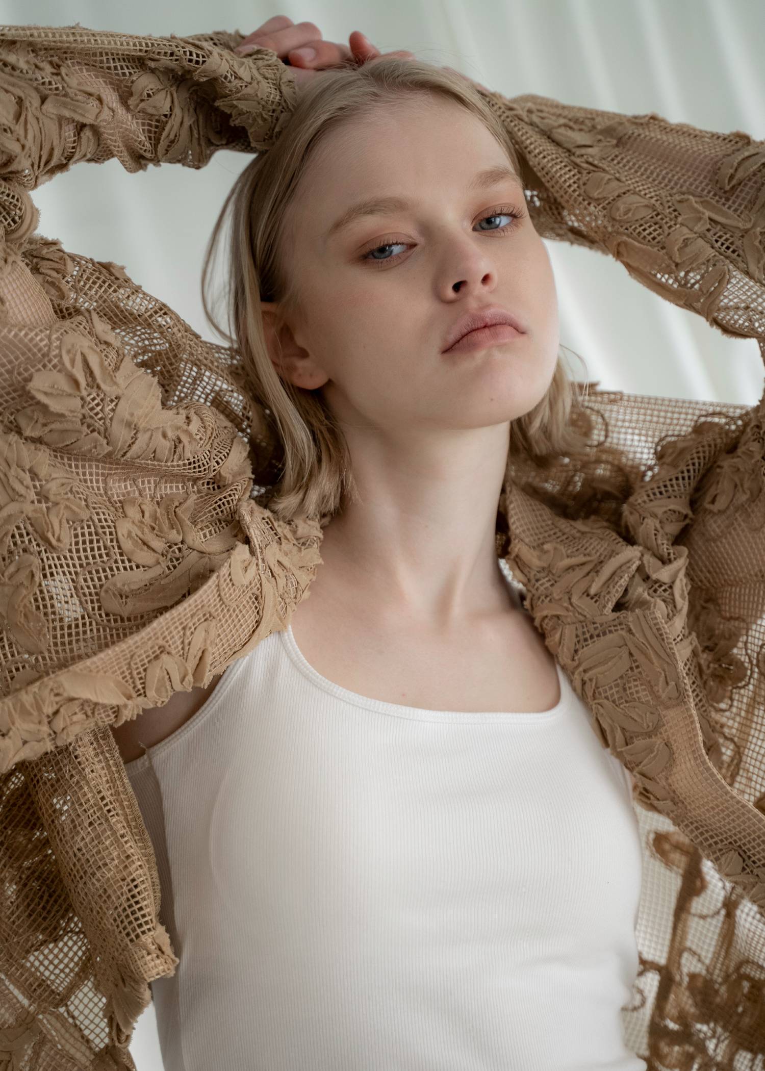 cord embroidery mesh lace shirt JK