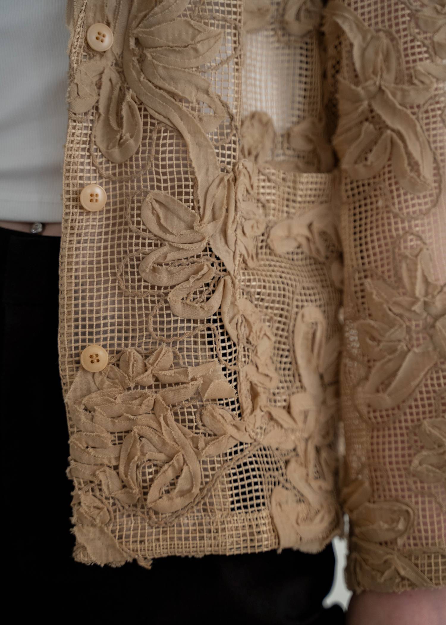 cord embroidery mesh lace shirt JK
