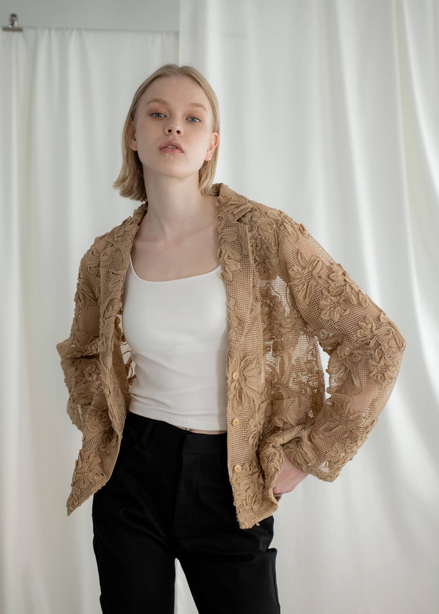 cord embroidery mesh lace shirt JK