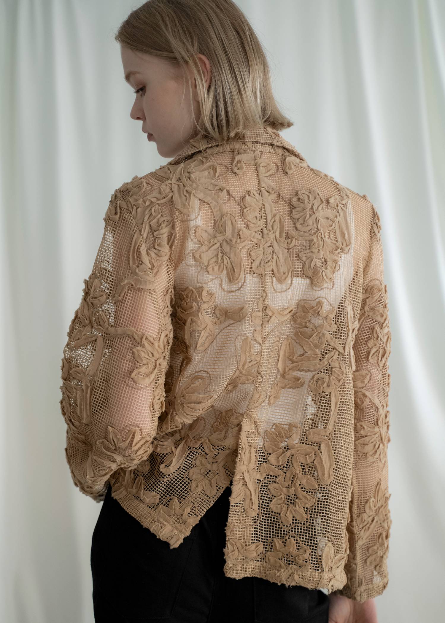 cord embroidery mesh lace shirt JK