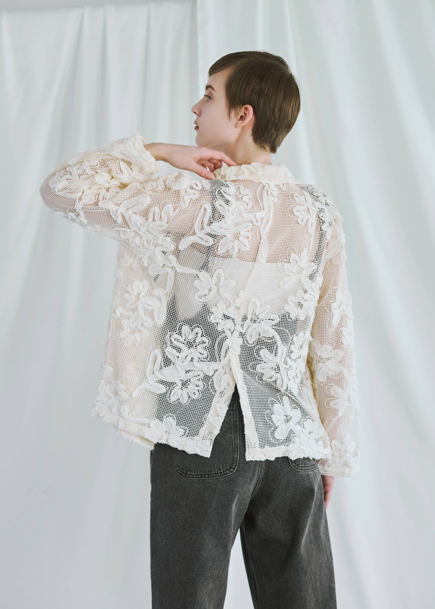 cord embroidery mesh lace shirt JK