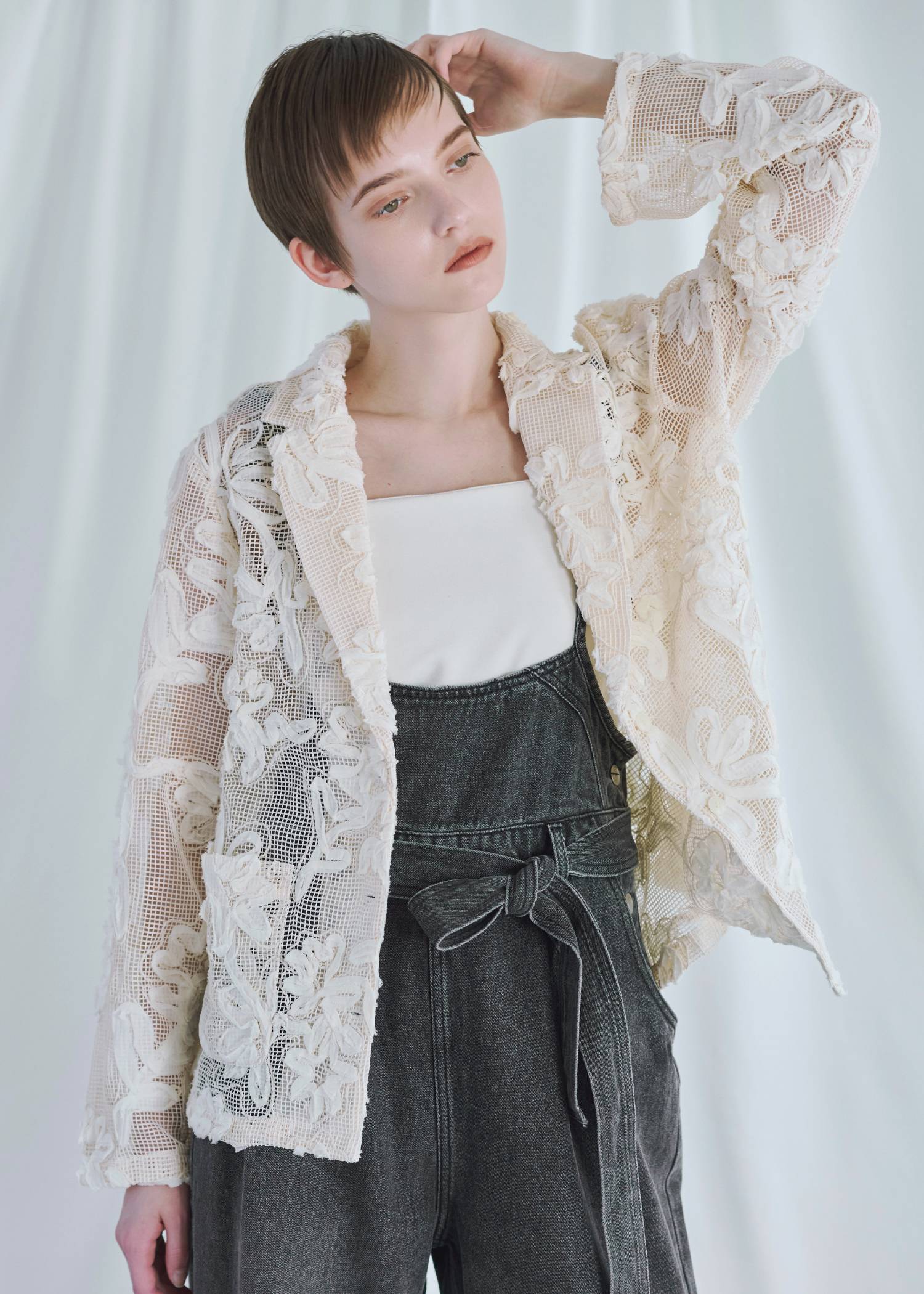 cord embroidery mesh lace shirt JK