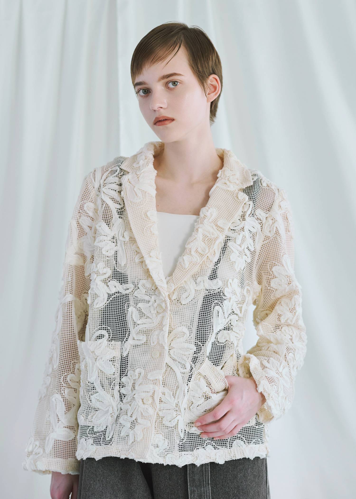 cord embroidery mesh lace shirt JK