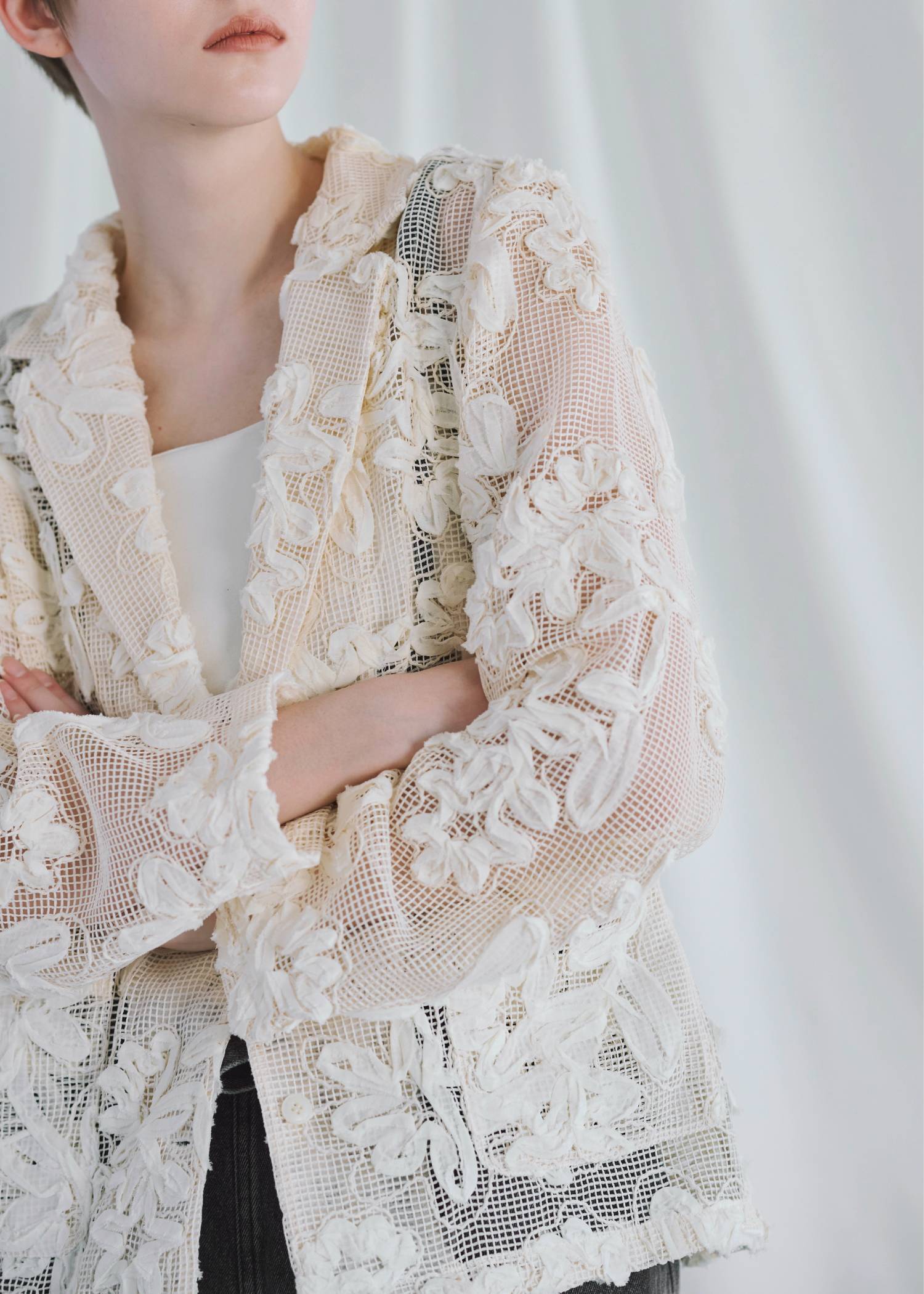 cord embroidery mesh lace shirt JK