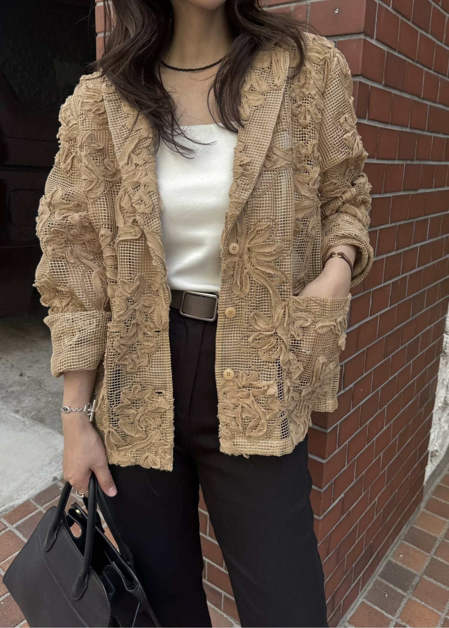 cord embroidery mesh lace shirt JK