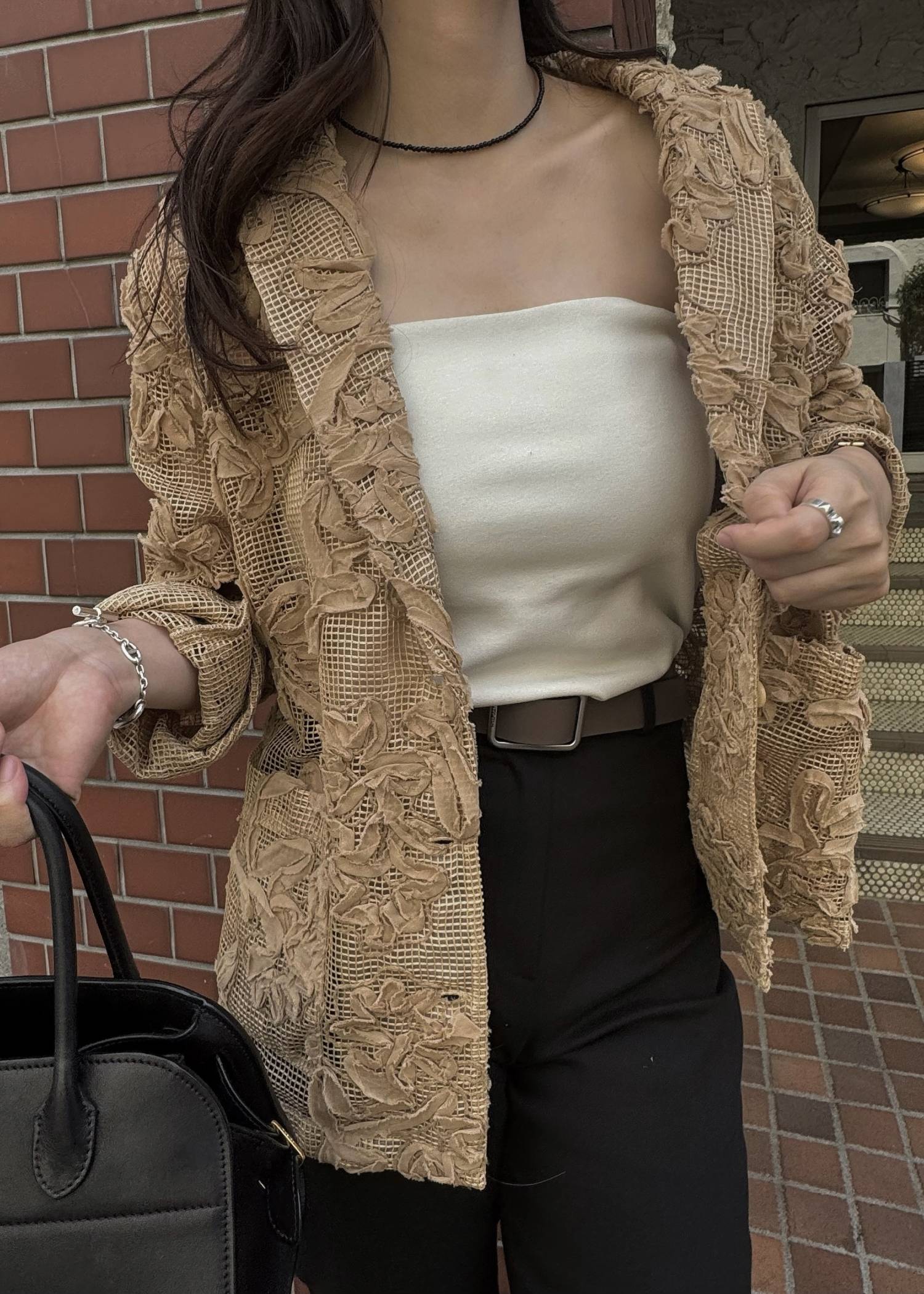 cord embroidery mesh lace shirt JK