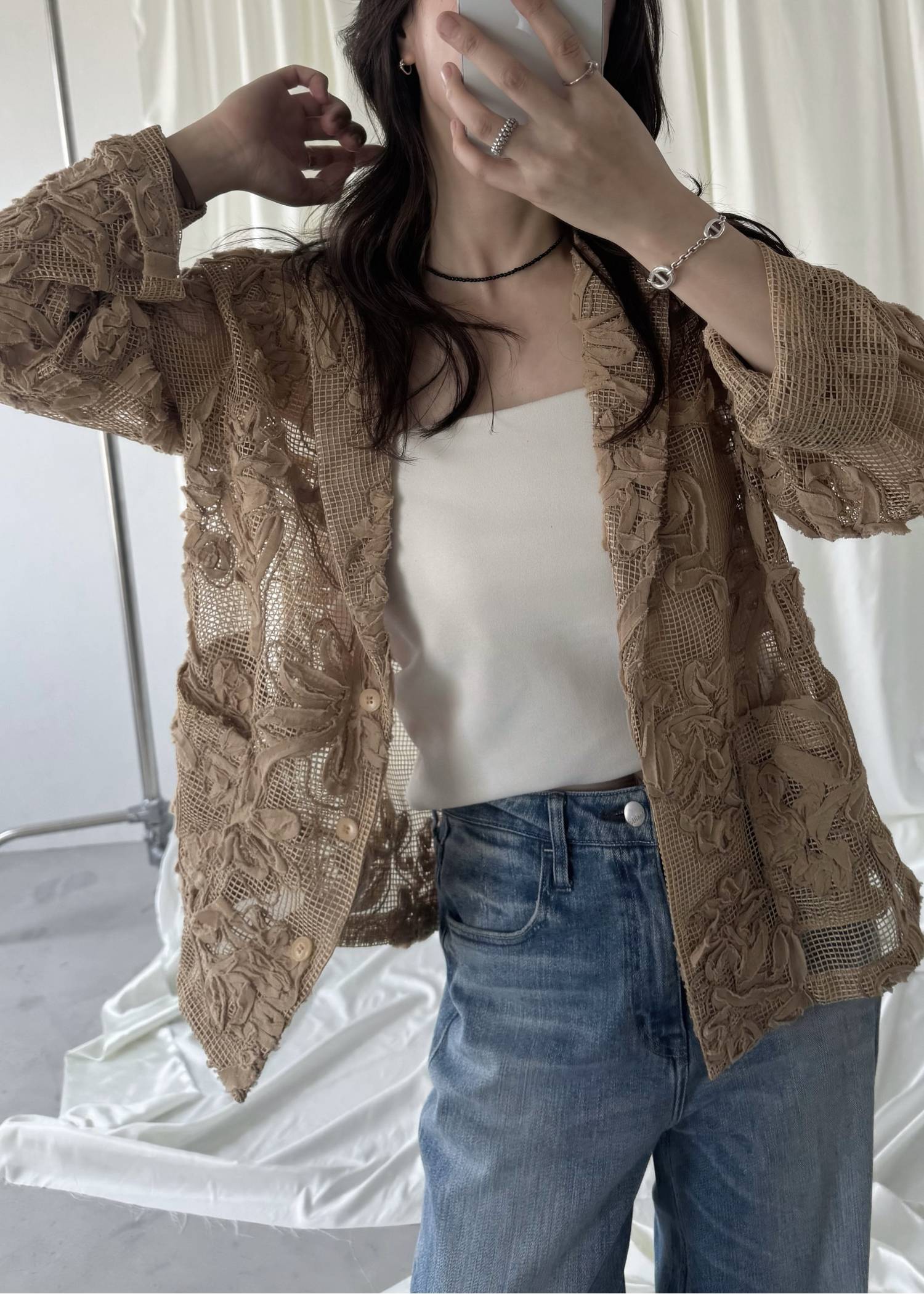 cord embroidery mesh lace shirt JK