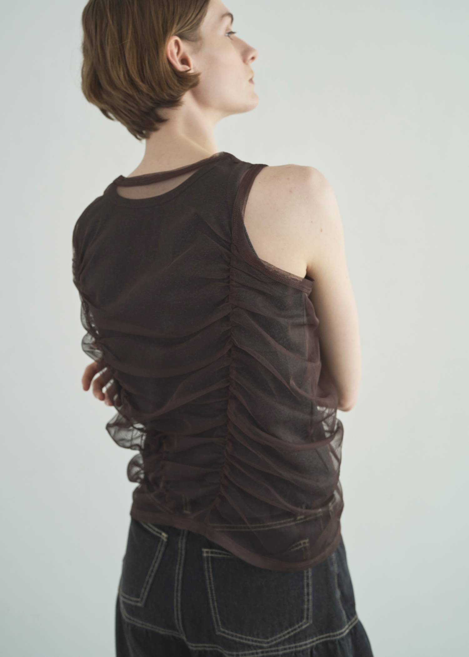 gather tulle layered rib tank