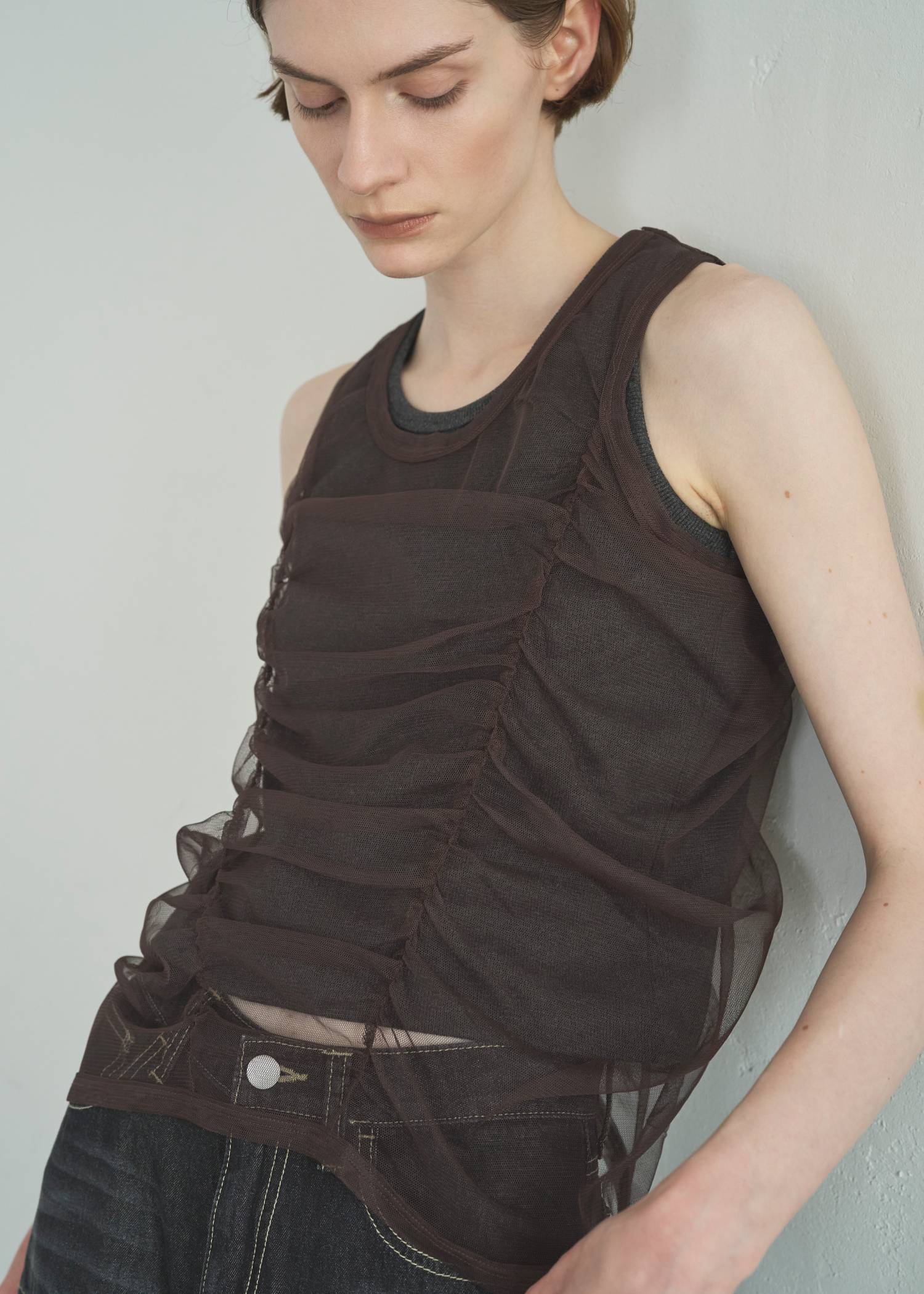 gather tulle layered rib tank