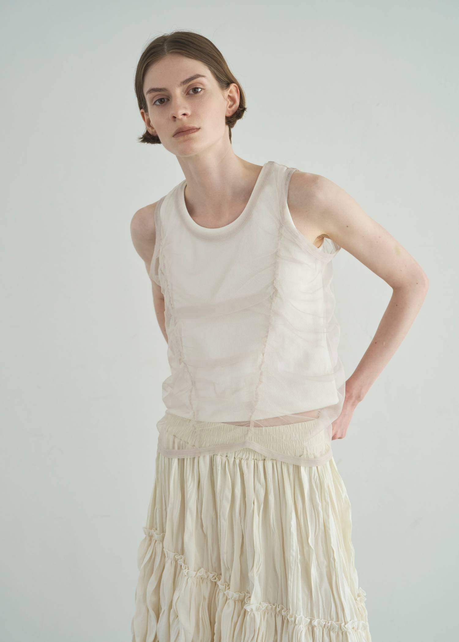 gather tulle layered rib tank