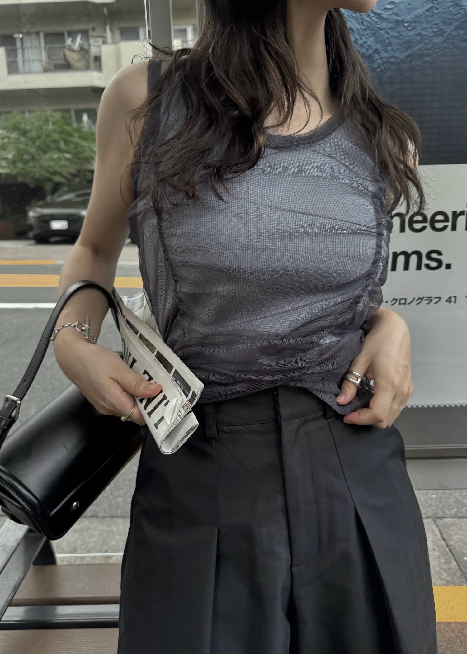 gather tulle layered rib tank