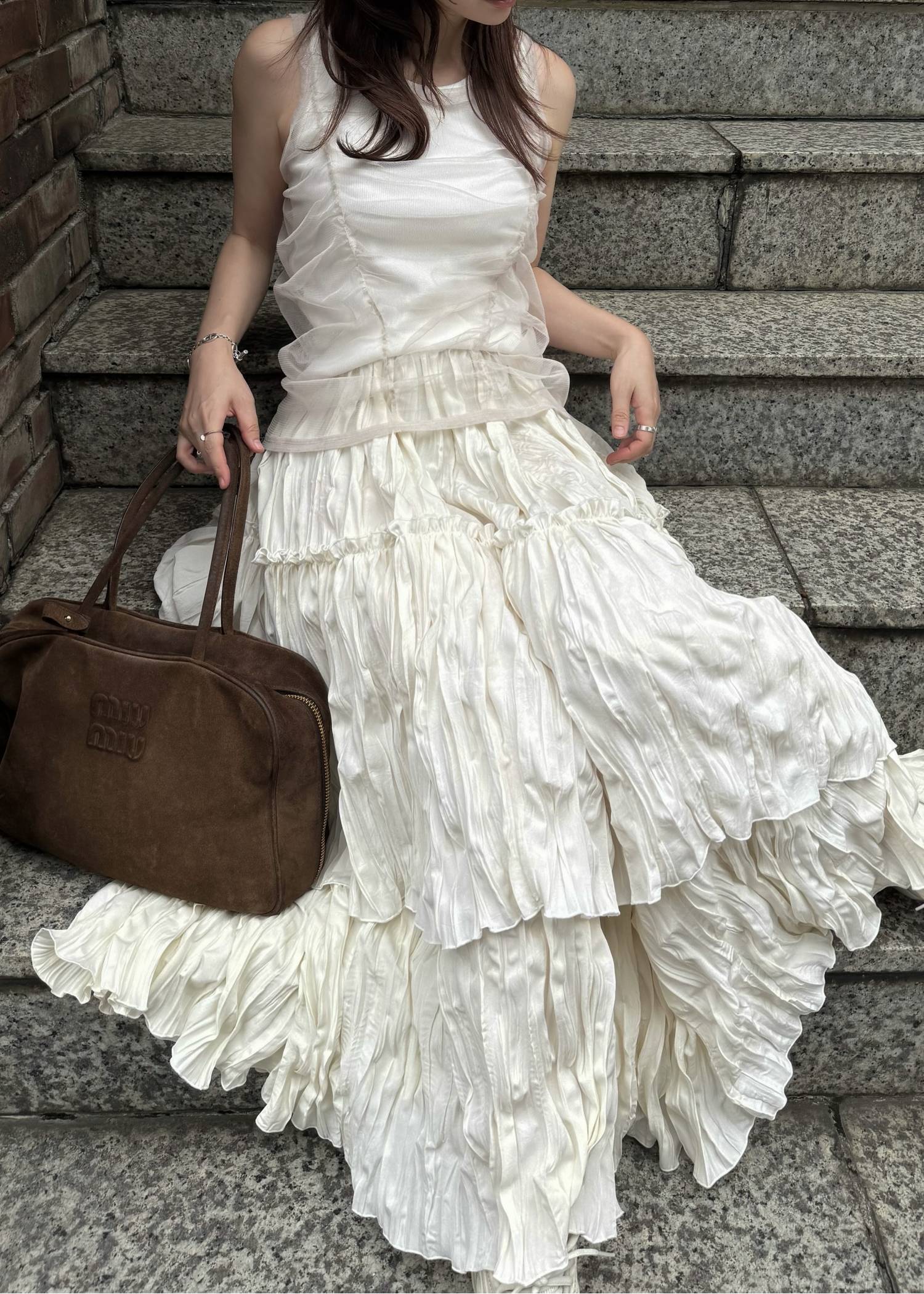 gather tulle layered rib tank