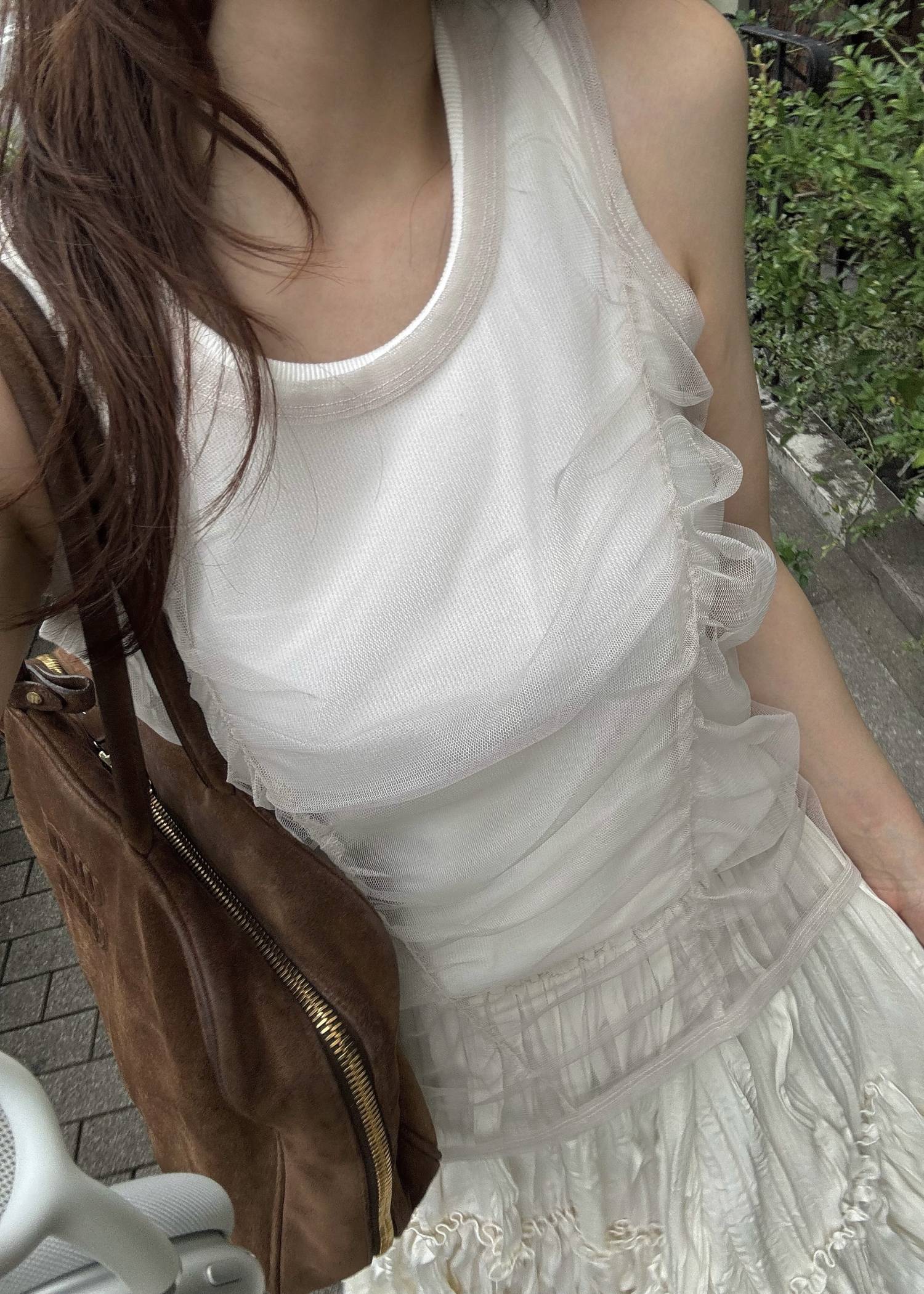 gather tulle layered rib tank