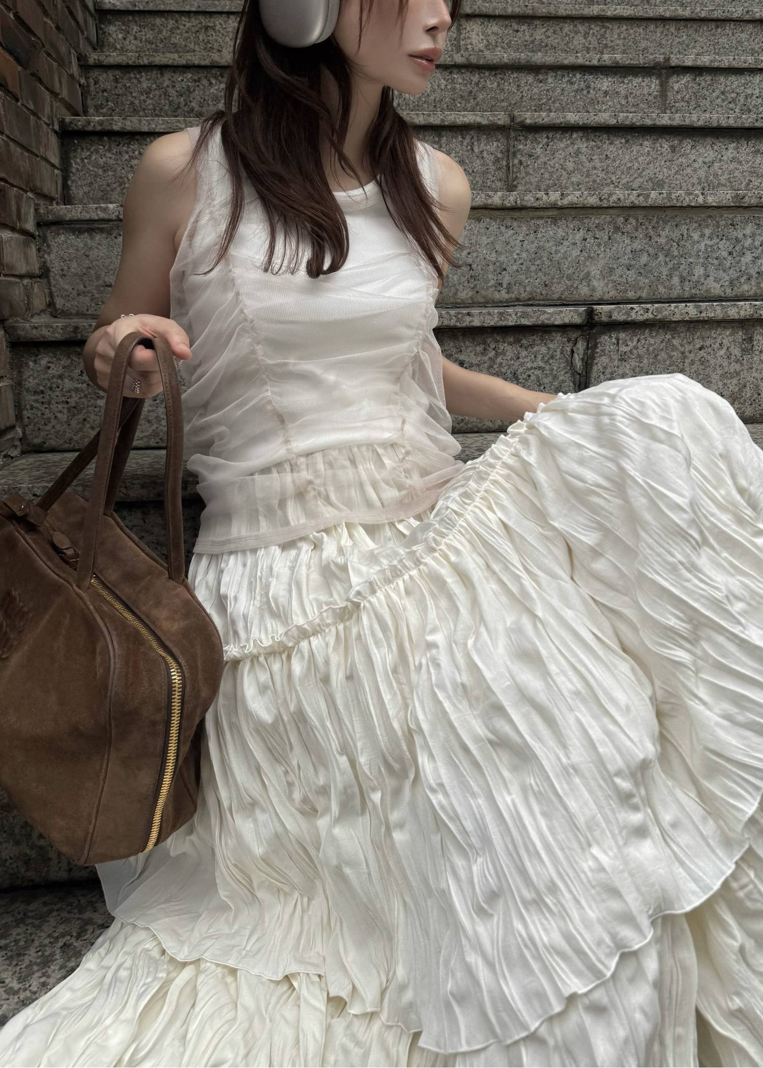 gather tulle layered rib tank