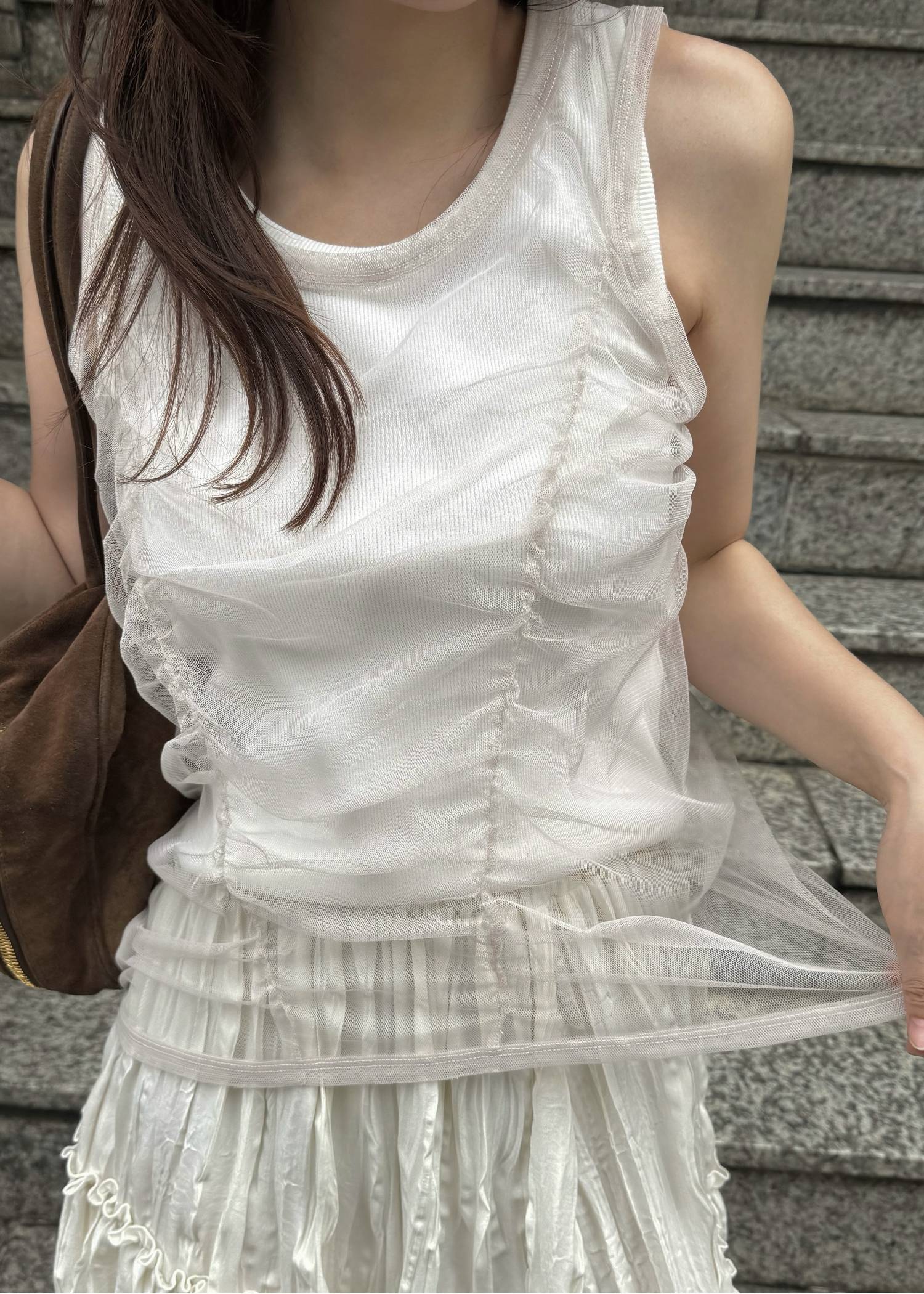 gather tulle layered rib tank