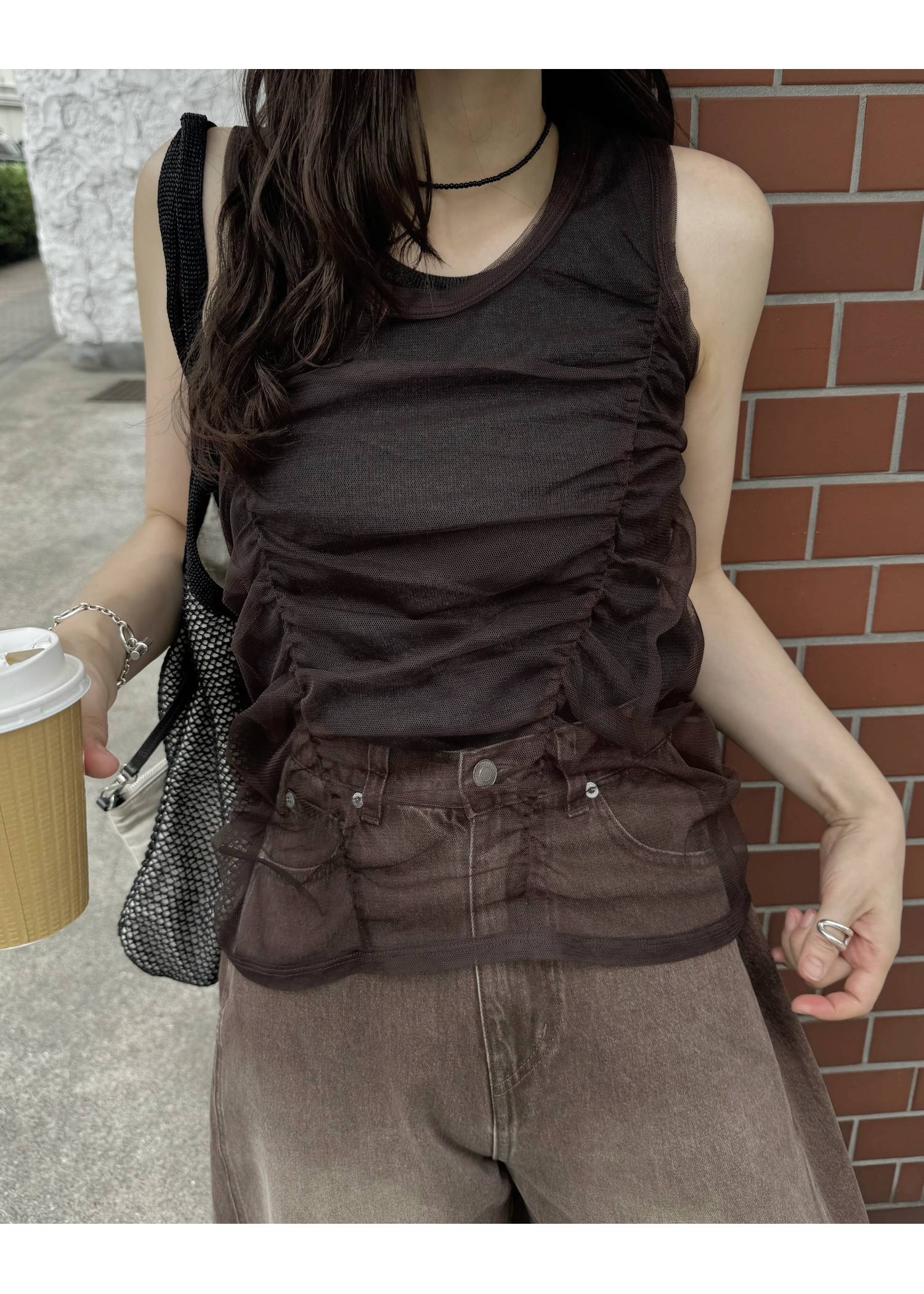 gather tulle layered rib tank