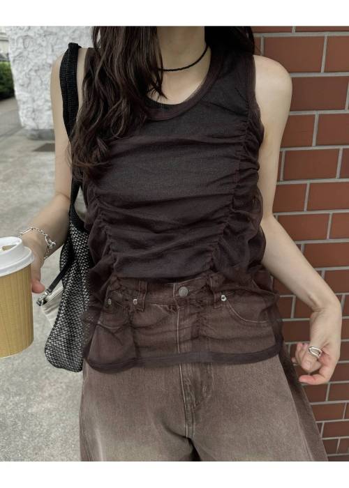 gather tulle layered rib tank