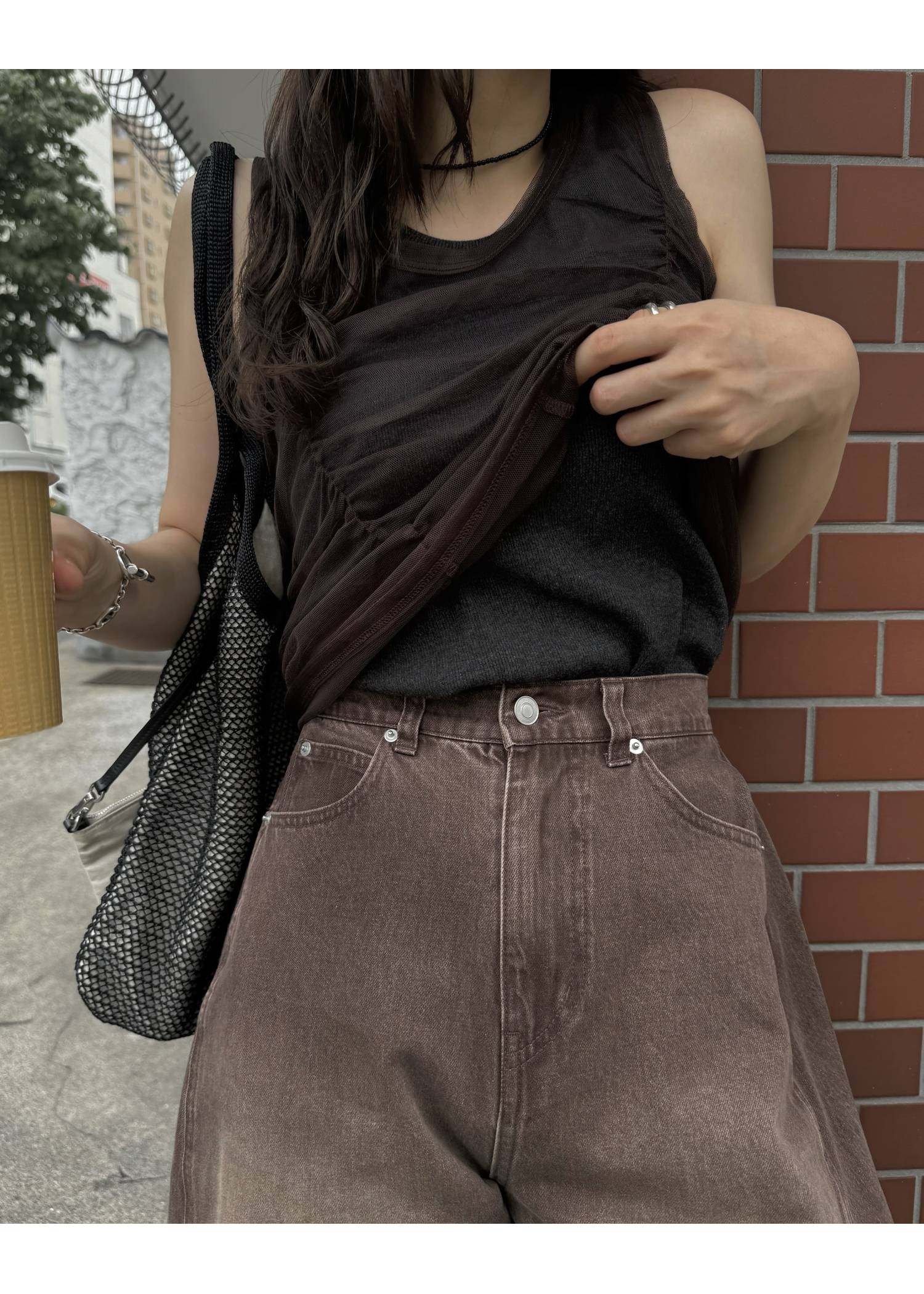 gather tulle layered rib tank