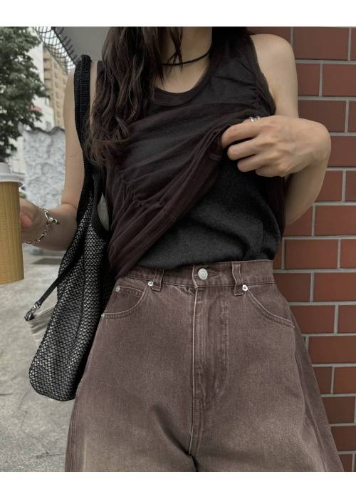 gather tulle layered rib tank