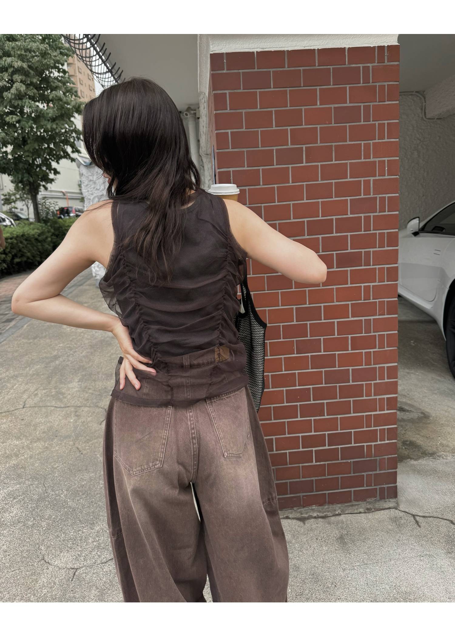 gather tulle layered rib tank