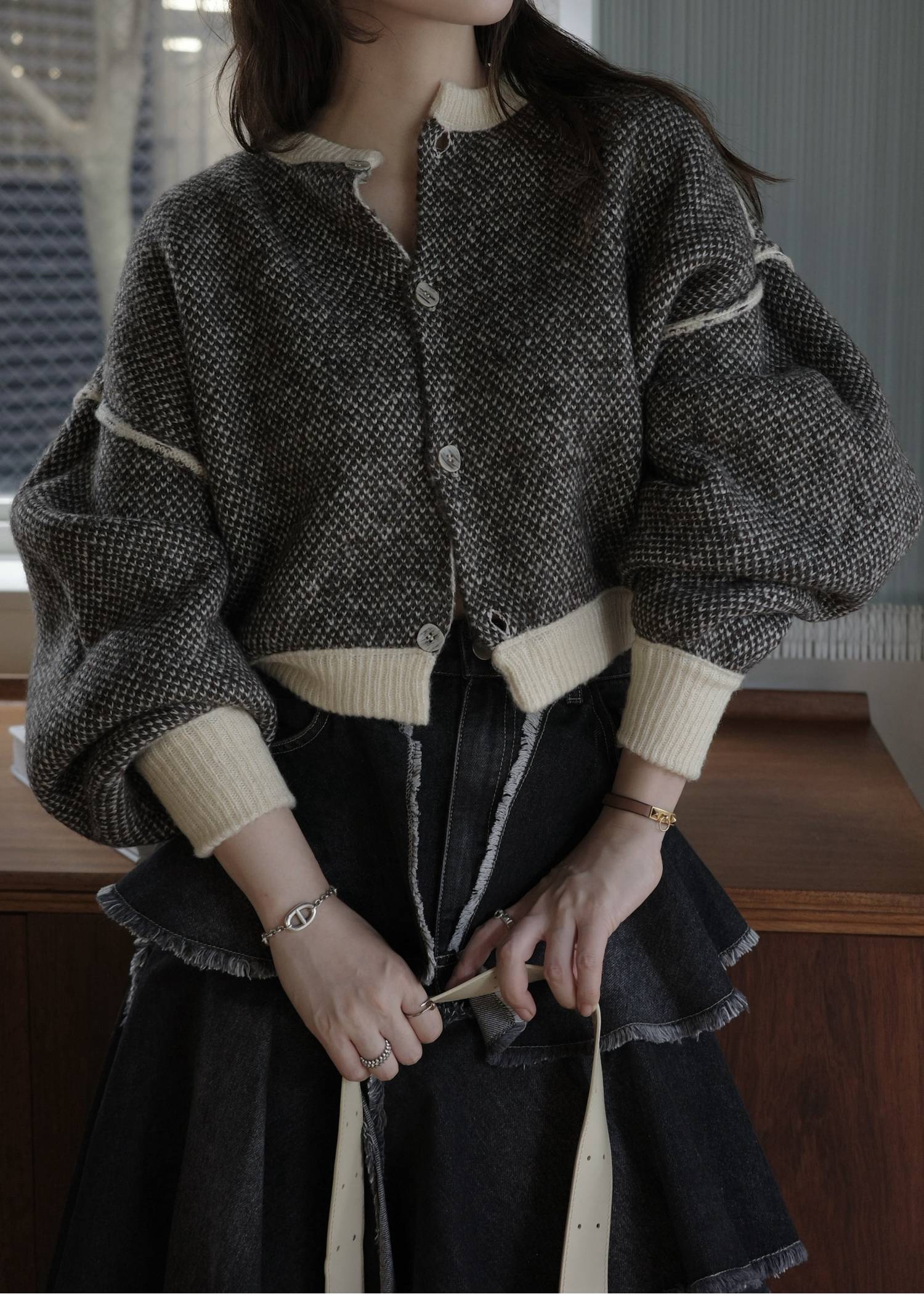 leopard jacquard reversible cropped knit cardigan