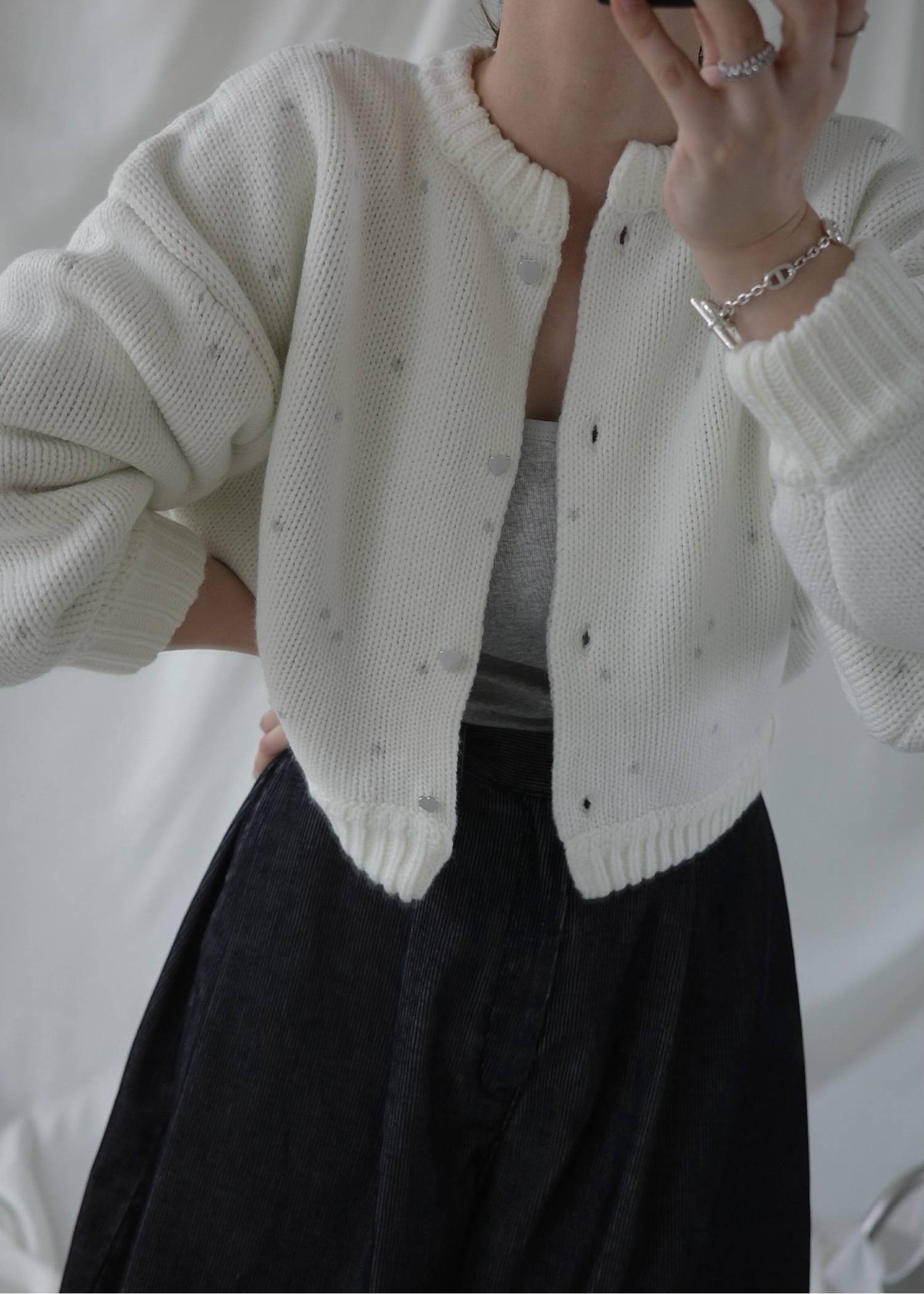 short heart dot jacquard reversible knit cardigan