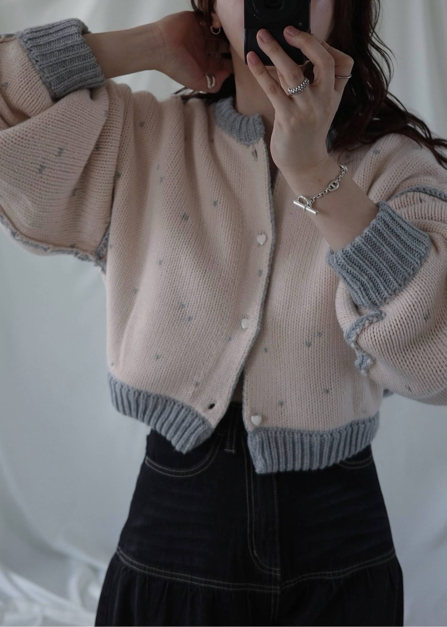 short heart dot jacquard reversible knit cardigan