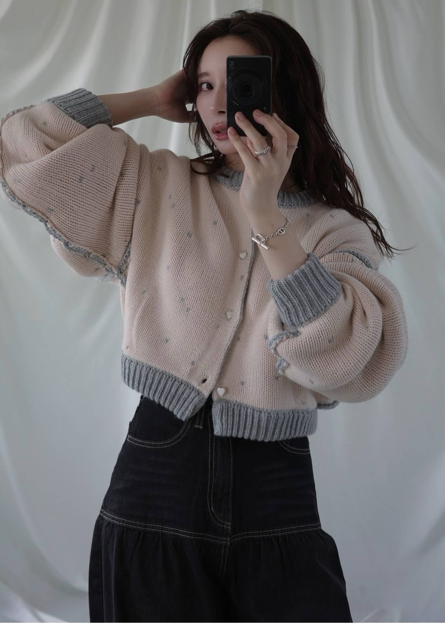 short heart dot jacquard reversible knit cardigan