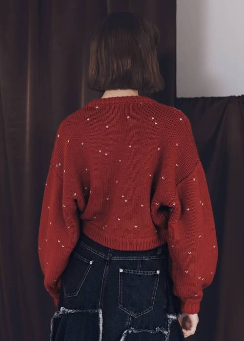 short heart dot jacquard reversible knit cardigan