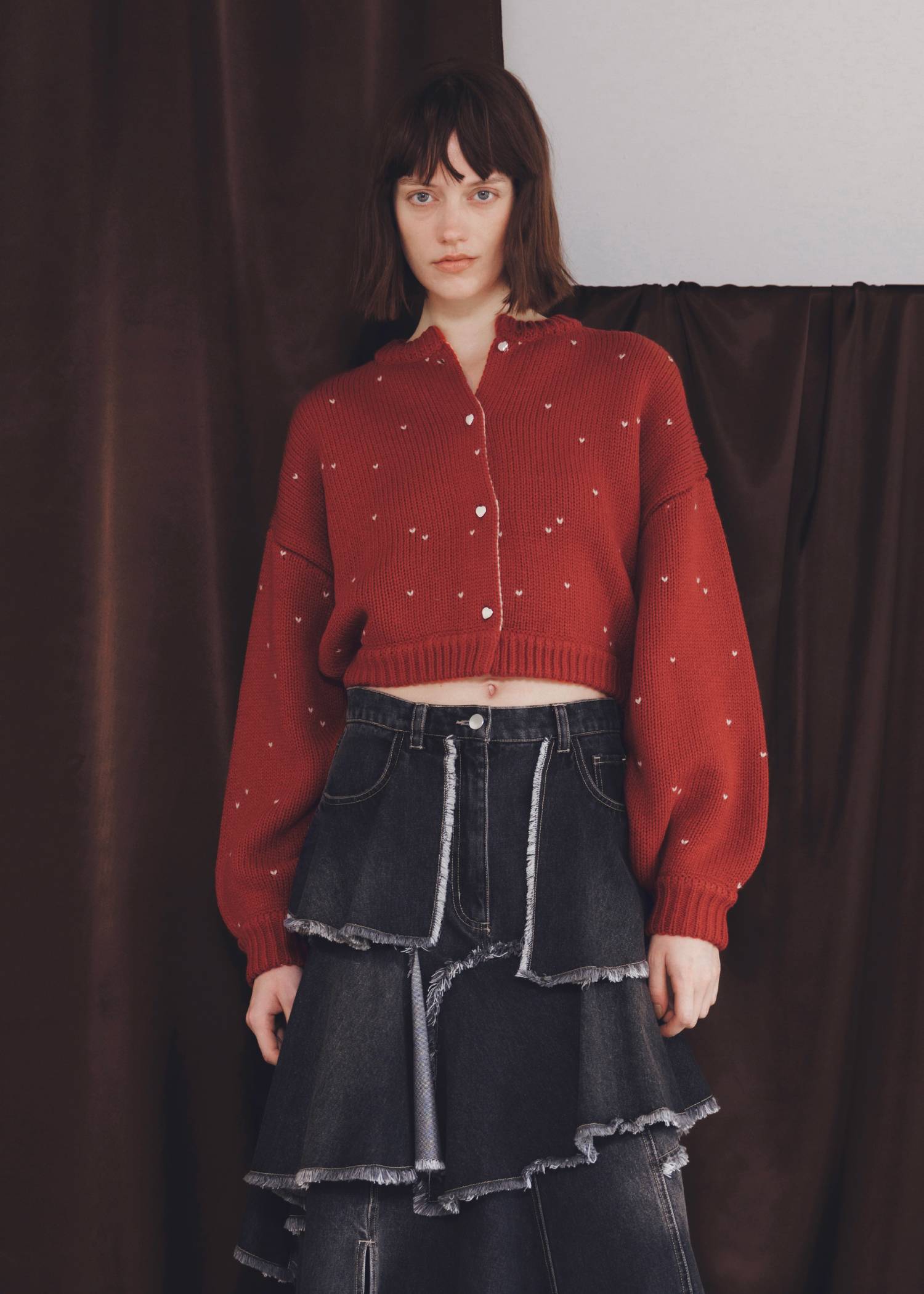 short heart dot jacquard reversible knit cardigan
